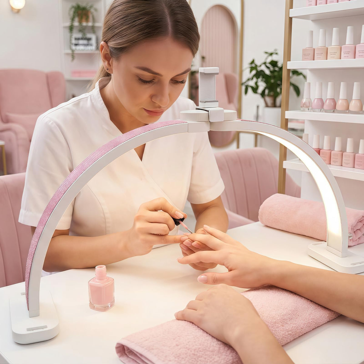 obcd Half Moon Light for Nail Desk 31" Foldable LED Nail Desk Lamp with Phone Holder, Professional Nail Tech Light for Manicure & Beauty Studio