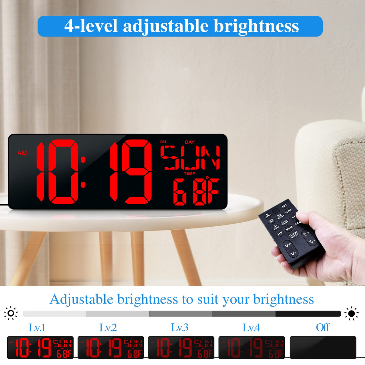 Large Digital Wall Clock with Remote Control 17.2" LED Large Display Timer with Temperature Date Week Auto DST Adjustable Brightness, Big Wall Alarm Clock for Living Room Office Garage Gym Seniors