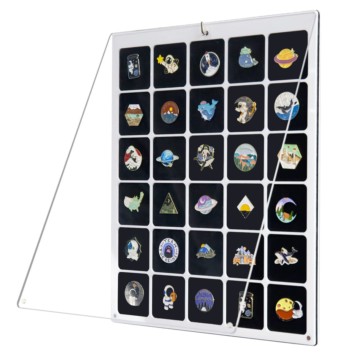 HIIMIEI Acrylic Pin Display Board, 11x14 Enamel Pin Display Frame, Dustproof Shadow Box Pin Holder, Double Sided Jewelry Lapel Pins Collection Case for Wall and Tabletop (30 Grids)