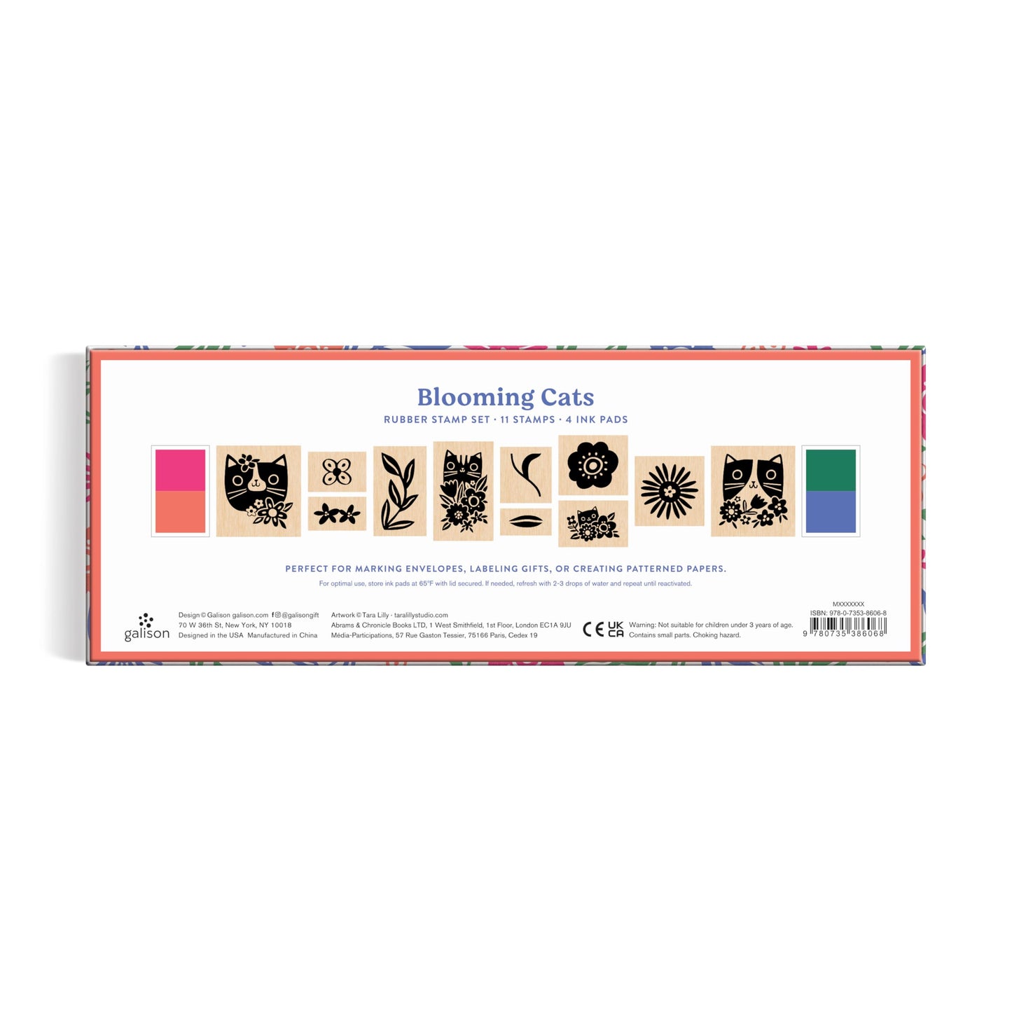 Galison Blooming Cats – Rubber Stamp Set Includes 4 Beautiful Colored Ink Pads and 11 Unique Cat Themed Wooden Stamp Blocks