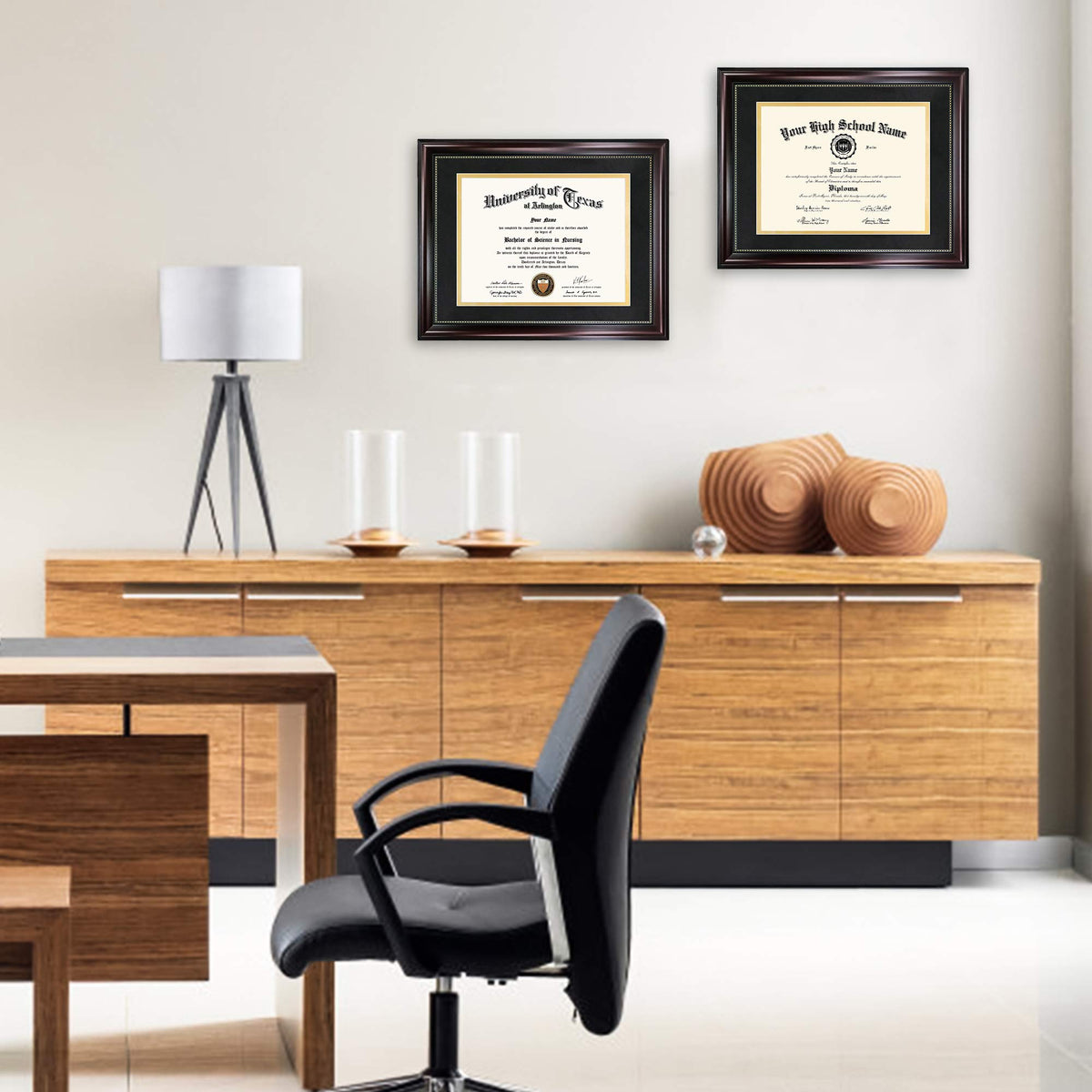 GraduationMall 8.5x11 Diploma Frame with Black over Gold Mat or Display 11x14 Document without Mat, UV Protection Acrylic, Mahogany with Gold Beads, Set of 2