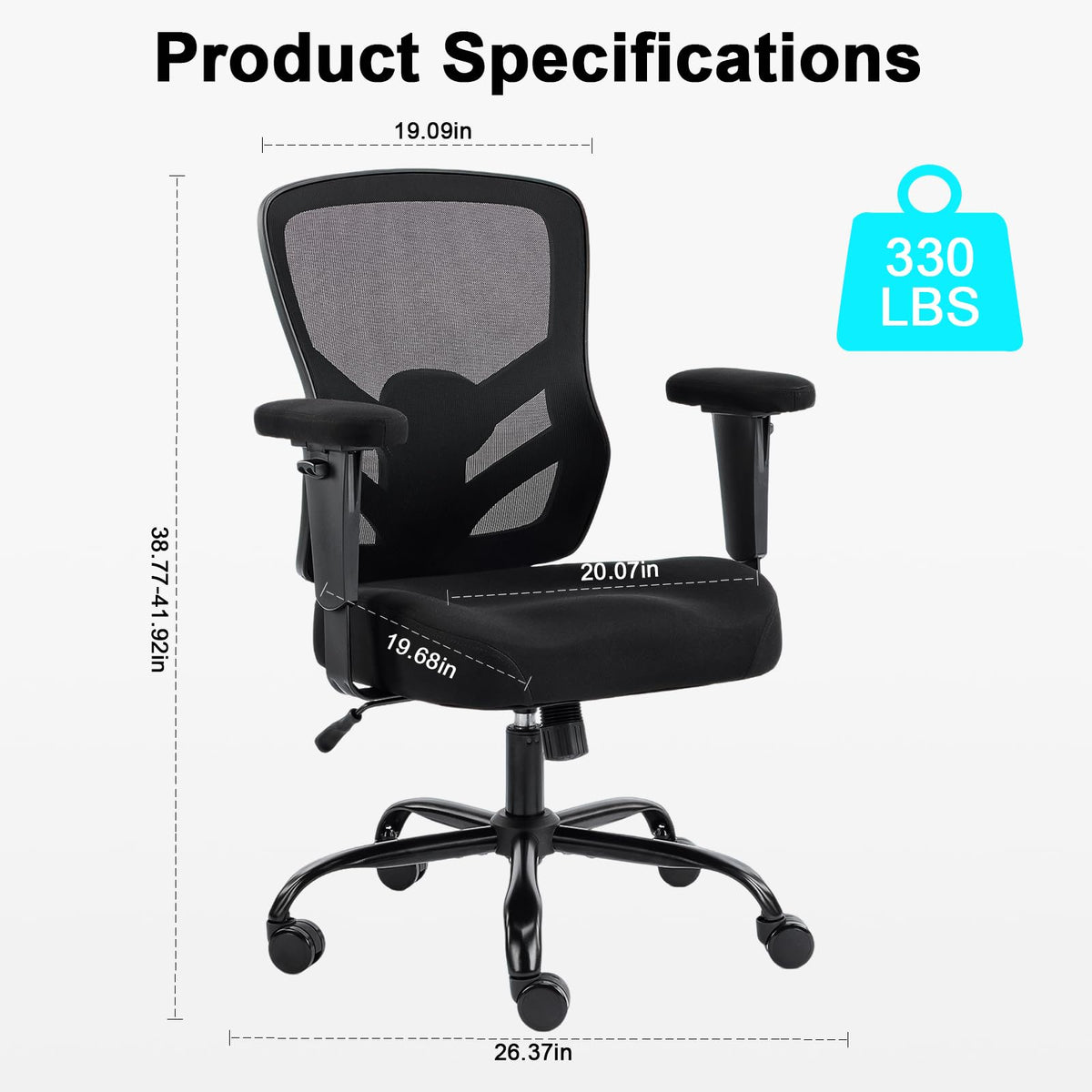 YFO Ergonomic Office Chair, Mesh Computer Desk Chair with Adjustable Back Lumbar Support and Armrests, Comfy Executive Rolling Swivel Task Chair for Home Office, Black