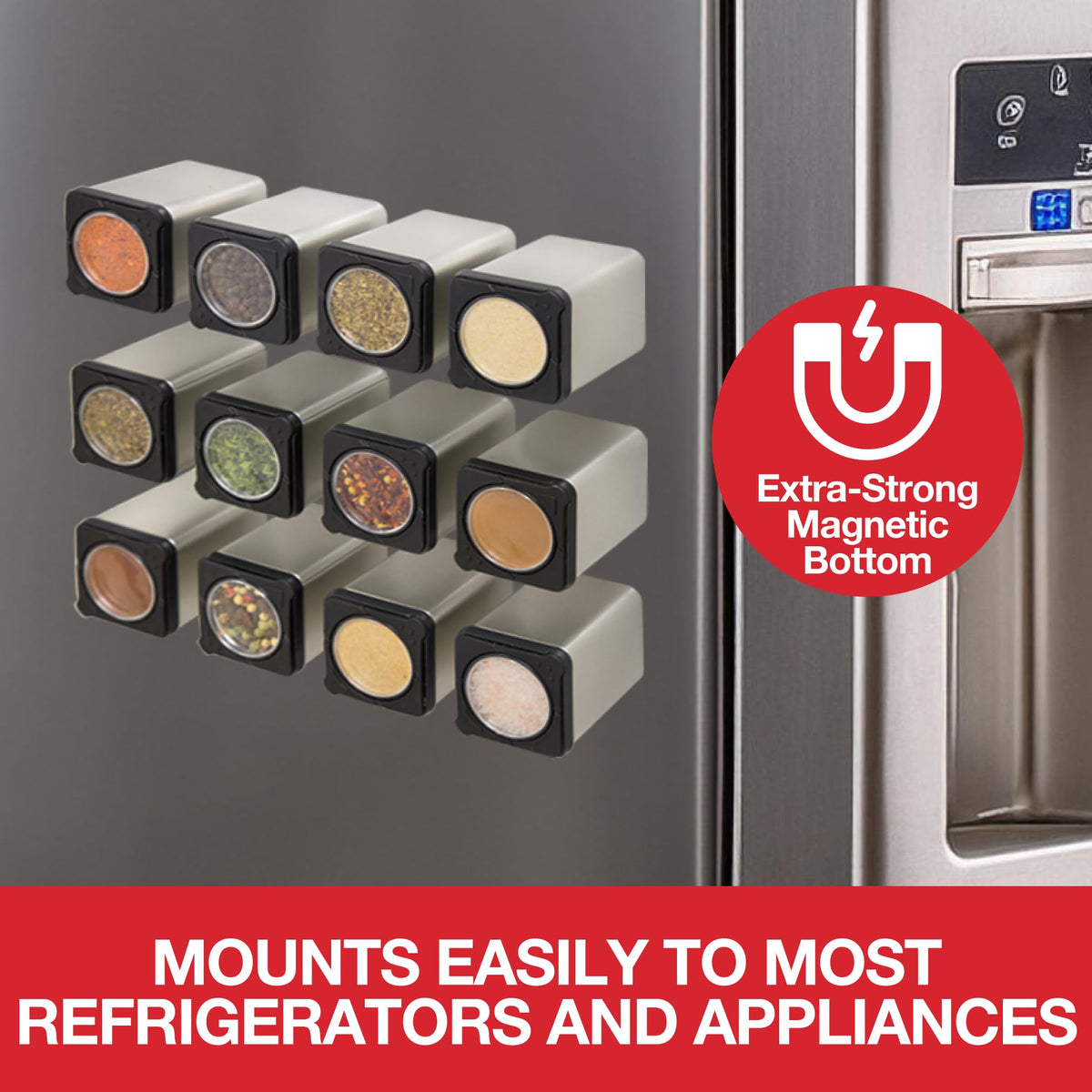 Set of 24 Magnetic Spice Jars, Shake or Pour Containers Attach to Most Refrigerator Doors & Appliances, Seasoning Dispensers- Easy Open Window Top Shakers- Salt Pepper Organizers, Space Saving Baking