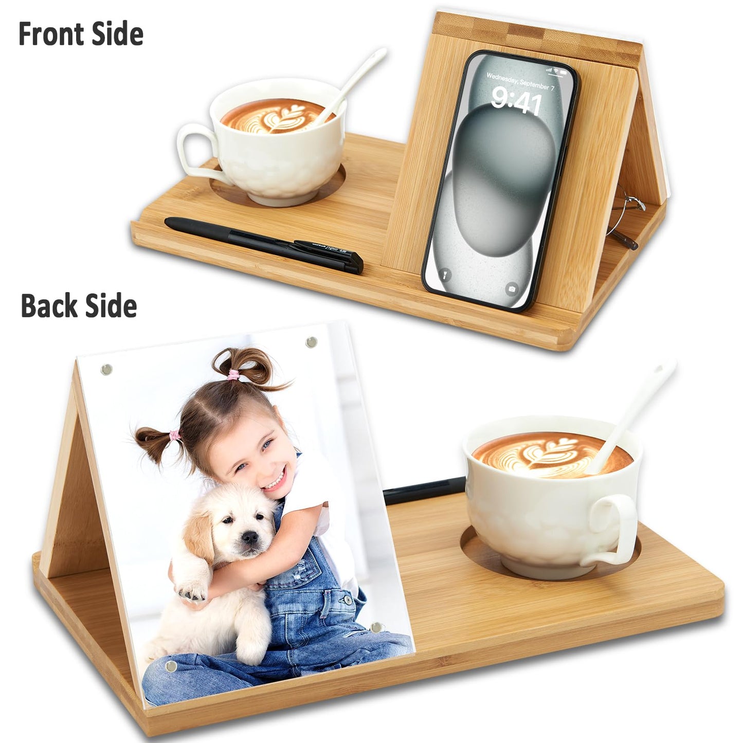 ROSOS Bamboo Book Holder, Triangle Book Holder Stand with Acrylic Picture Frame, Book Rest with Cup Holder, Tablet and Kindle Stand, Book Lovers Gifts, Bookish Gifts, Bamboo Book Rest Stand