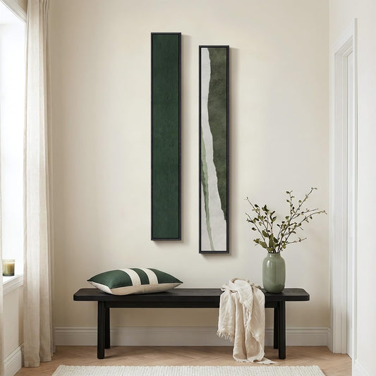 Long Narrow Framed Green Vertical Abstract Wall Art Set, 2 Piece Modern Canvas Prints Paintings Artwork for Walls, Green White Minimalist Pictures for Living Room Bedroom Entryway Hallway Wall Decor