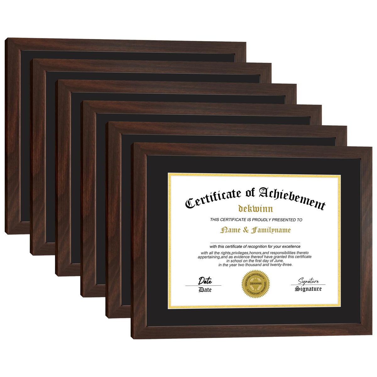 DEKWINN, Diploma Frames 8.5x11 with Mat or 11x14 without Mat,Set of 6 Certificate Document Frame with Real Glass for Wall and Tabletop Display in Walnut(Black/Gold Double Mat)