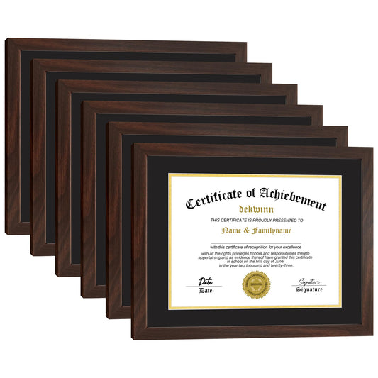 DEKWINN, Diploma Frames 8.5x11 with Mat or 11x14 without Mat,Set of 6 Certificate Document Frame with Real Glass for Wall and Tabletop Display in Walnut(Black/Gold Double Mat)