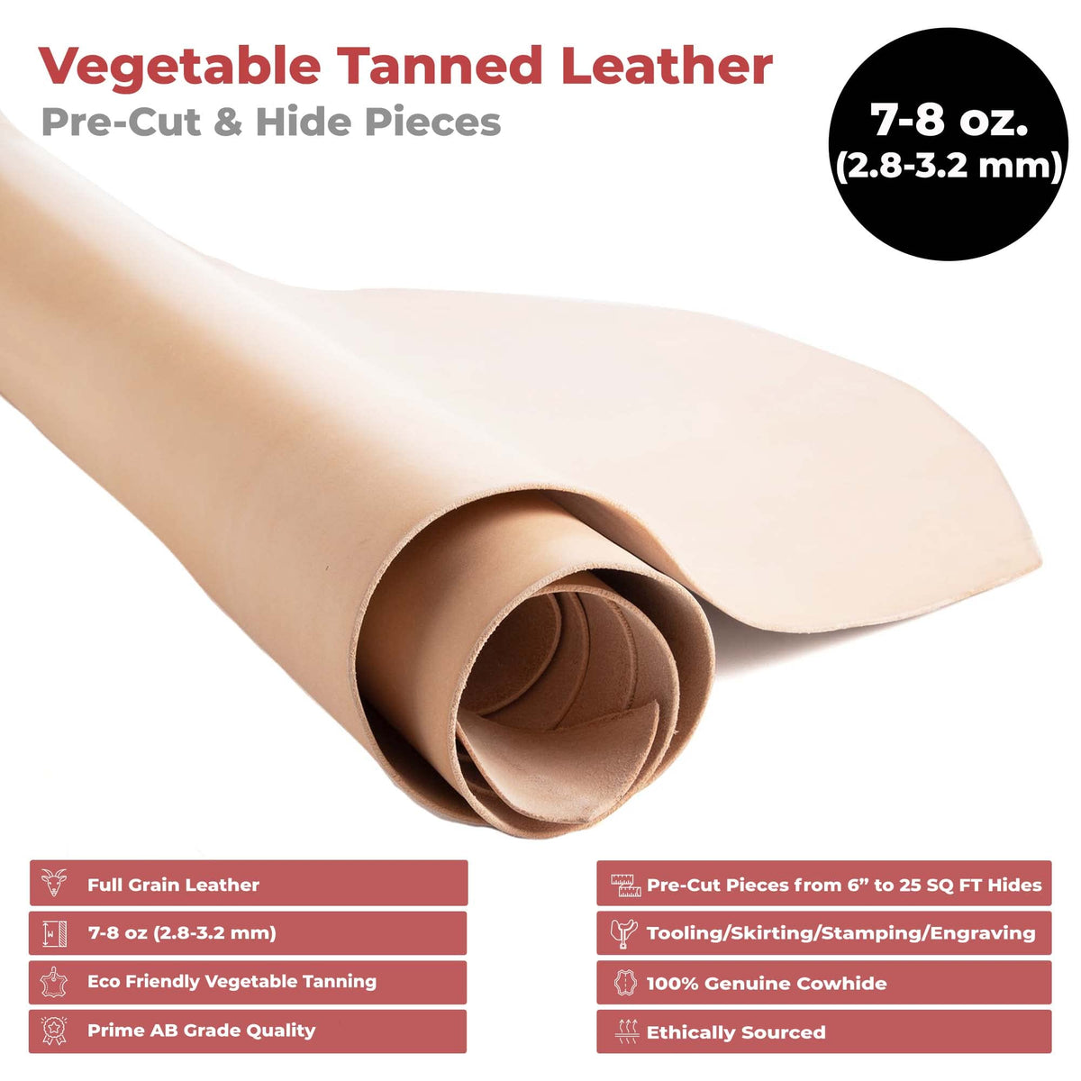 ELW 7-8 oz.(3-3.2 mm) Thickness Pre-Cut Square 2PCS 8"x12", Tooling Leather Vegetable Tanned Full Grain Leather - Cowhide Leathercraft for Holsters Knife Sheaths Coasters Molding Emboss Stamp Cases