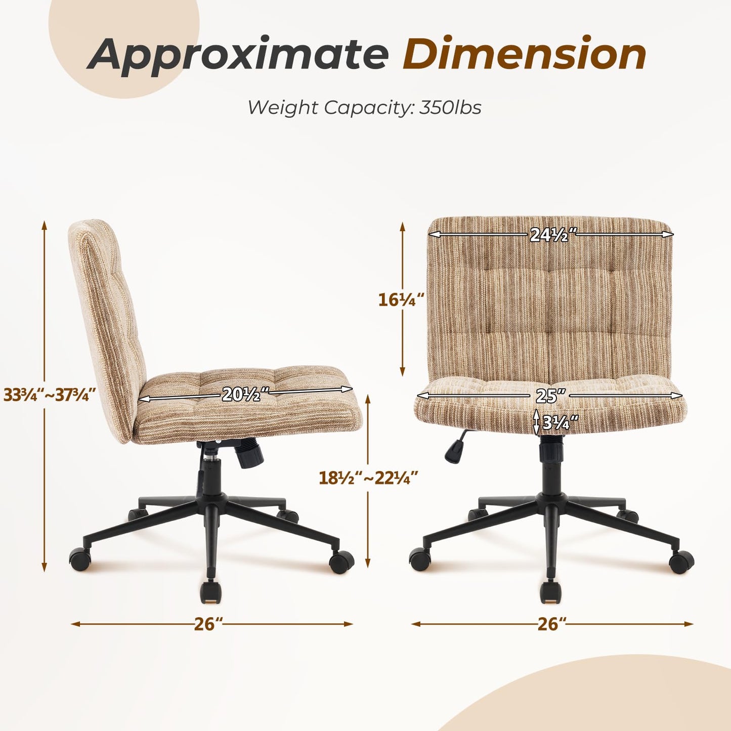 Furnimart 360° Swivel Criss Cross Desk Chair Extra-Thick Cushion, Premium Chenille Cross Legged Chair with Wide Seat & Wheels, Comfy Armless Home Office Chair for Bedroom, Vanity, Sturdy (Light Brown)