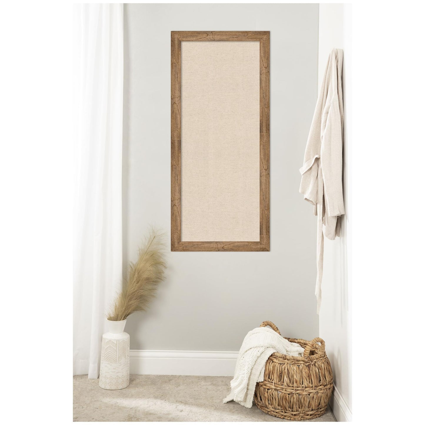 Kate and Laurel Framed Fabric Pinboard 20 x 44, Neutral Weave Printed Linen Rustic Farmhouse Bulletin Board for Use as a Vision Board or Wall Organization, Owl Brown Narrow Frame