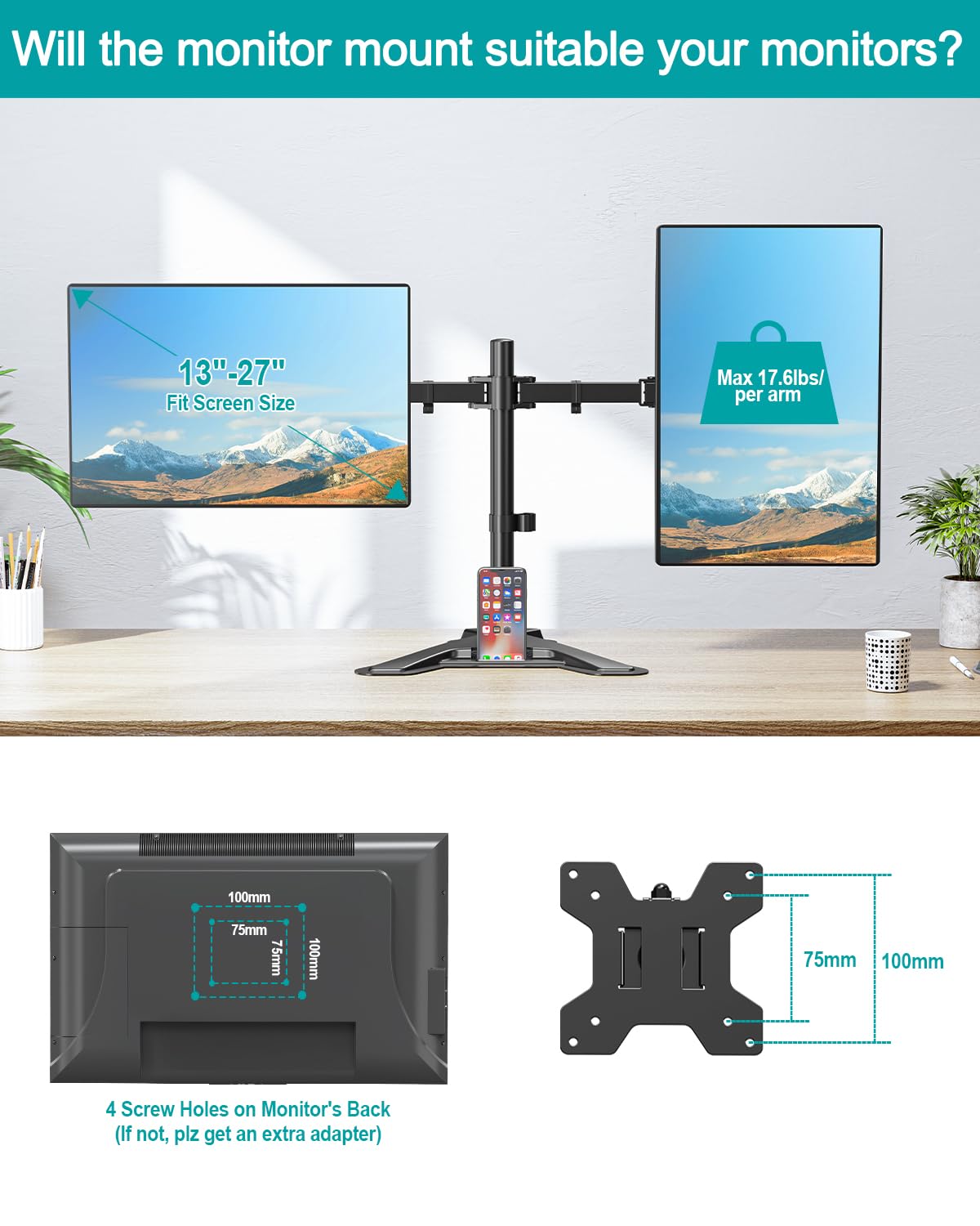 MOUNT PRO Dual Monitor Stand, Free-Standing Full Motion Monitor Desk Mount Fits 2 Screens up to 27 inches,17.6lbs with Height Adjustable, Swivel, Tilt, Rotation, VESA 75x75 100x100, Black