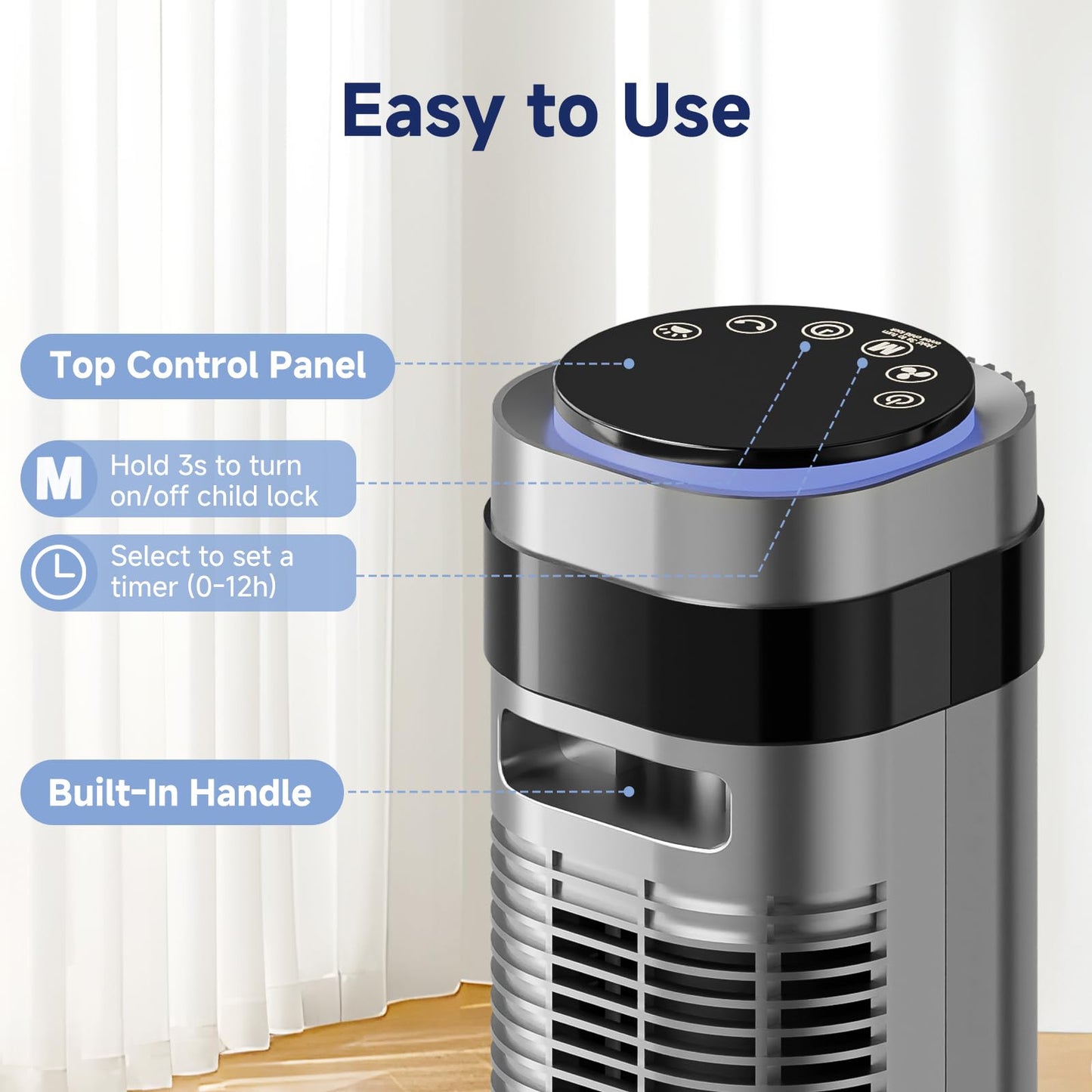 OLIXIS Tower Fan for Bedroom, Floor Standing Fan with Remote, 12H Timer, 5 Speeds, 4 Modes, LED Display, Portable Bladeless Oscillating Cooling Fan for Indoor, Home, Office