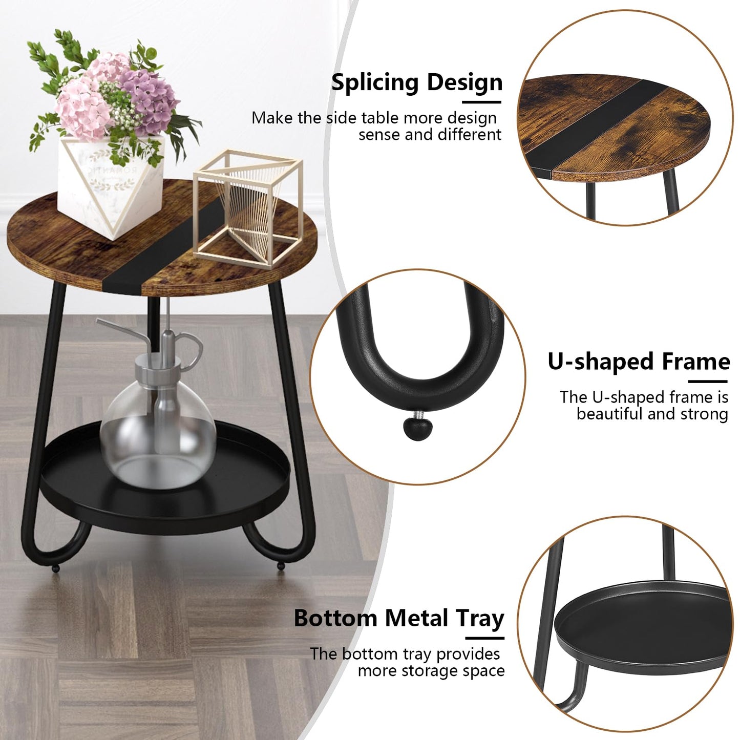 MOFAIN 2 Tier Coffee Table in Living Room, Industrial Style Round Coffee Table with Metal Tray, Wood Small Outdoor Coffee Table for Bedroom Balcony Patio, Rustic Brown