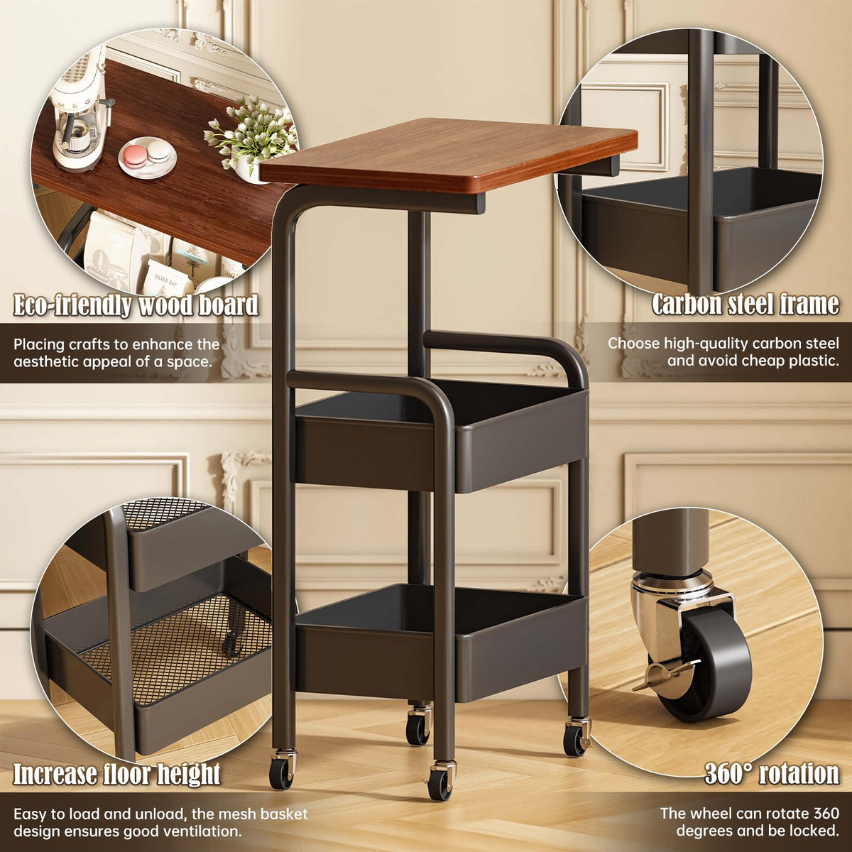 3 Tier Metal Rolling Utility Cart Organizer with Walnut Table Top, Stable and Sturdy Rolling Storage Carts with 2 Lockable Wheels for Kitchen，Bathroom，Snacks，Coffee，Craft，Makeup，Baby Essentials