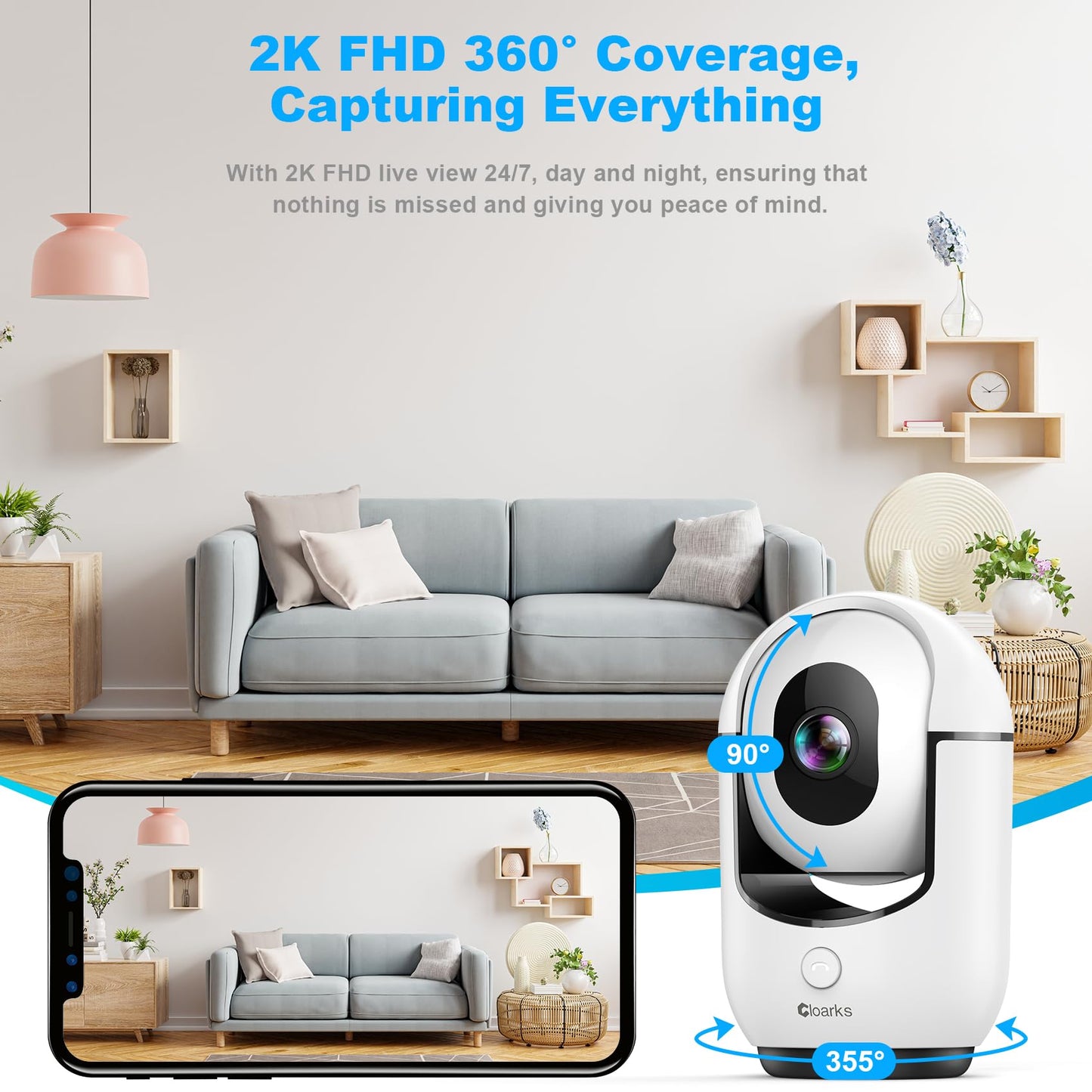 Cloarks 2K Pan/Tilt Security Camera, WiFi Indoor Cameras for Home Security with AI Motion Detection, Pet/Dog/Baby Camera with Phone App, 2-Way Audio, 24/7, Siren, TF/Cloud Storage