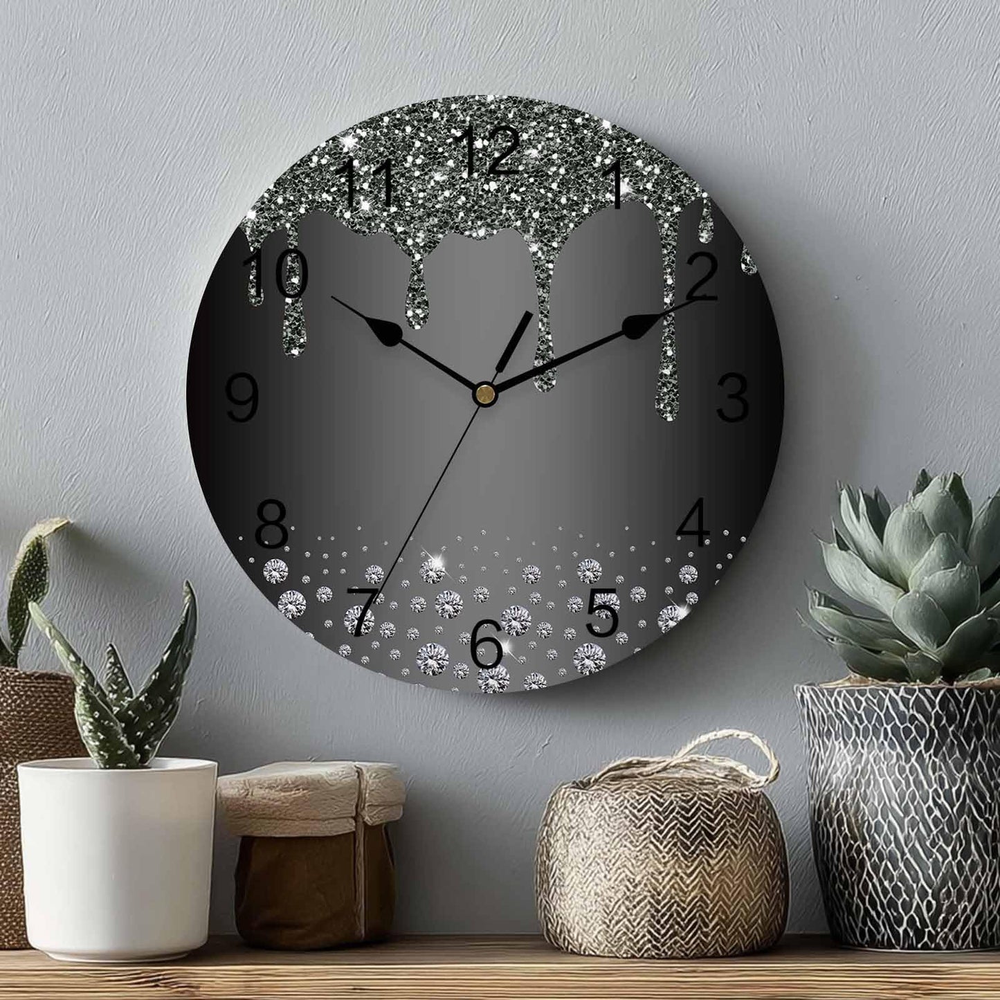 LooPoP Wall Clock Black Diamond Clocks PVC Silent Non-Ticking Battery Operated Decorative Luxury Bling Water Drop Round Clock for Home Living Room Kitchen Bedroom Office School Wall Decor 10 Inch