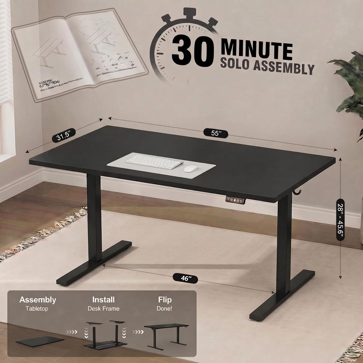 Grandder 55x32 Large Electric Standing Desk, Height Adjustable Computer Desk with 2 Memory Presets, 31.5" Deep Desktop Sit Stand Desk Home Office Desk Workstation Table with Hooks, Black