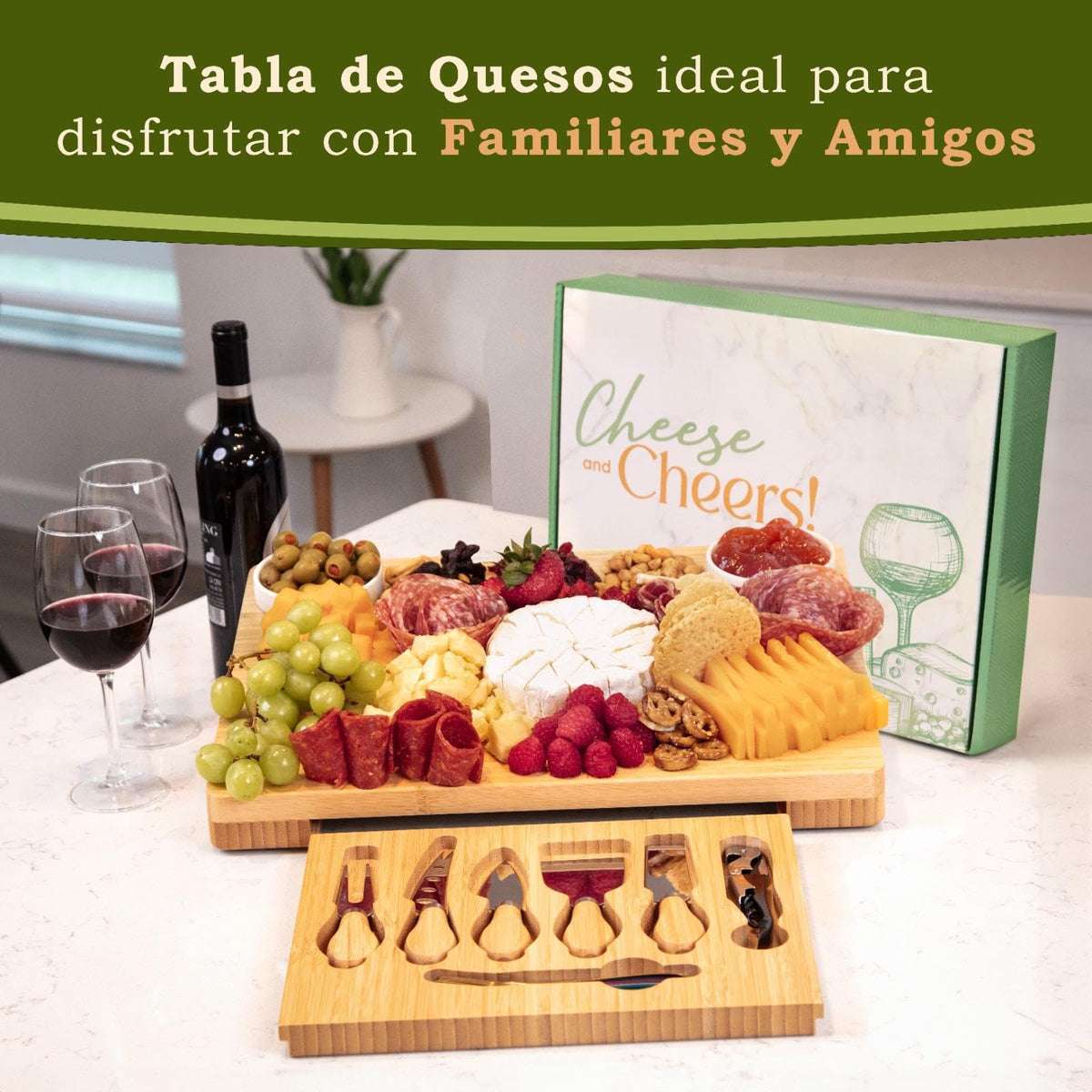 Charcuterie Board and Cheese Board Set with Knives, Bowls, Color Forks & Wine Opener – Premium Appetizer Platter with Compartments, Eco Friendly Charcuterie Accessories for Stylish Hosts.
