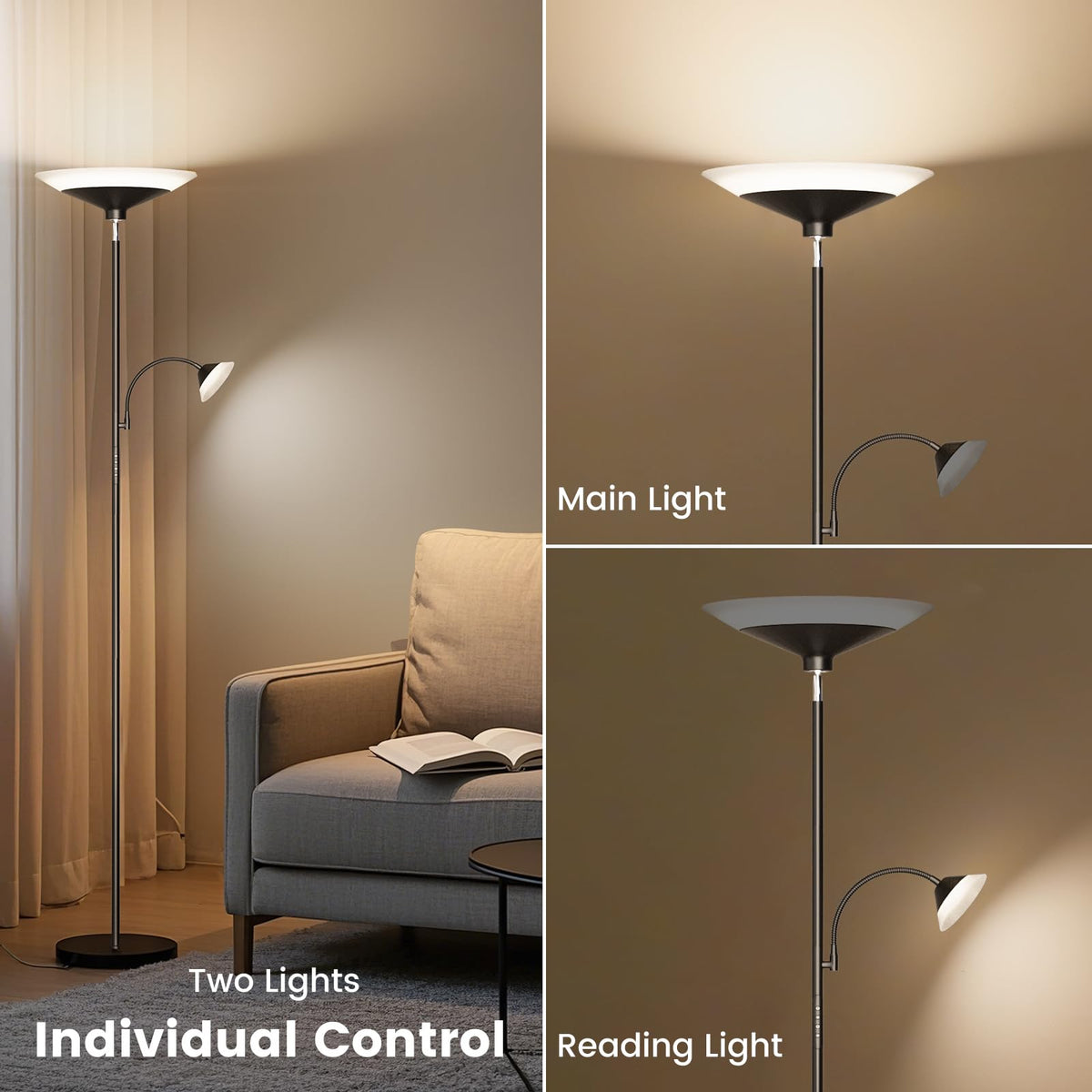 SIBRILLE Upgraded 2-in-1 Torchiere Floor Lamp, Dimmable Standing Lamp with Remote&Button Control, 34W Brightness Adjustable Floor Reading Light, Black Modern Corner Lamp for Living Room Bedroom Office