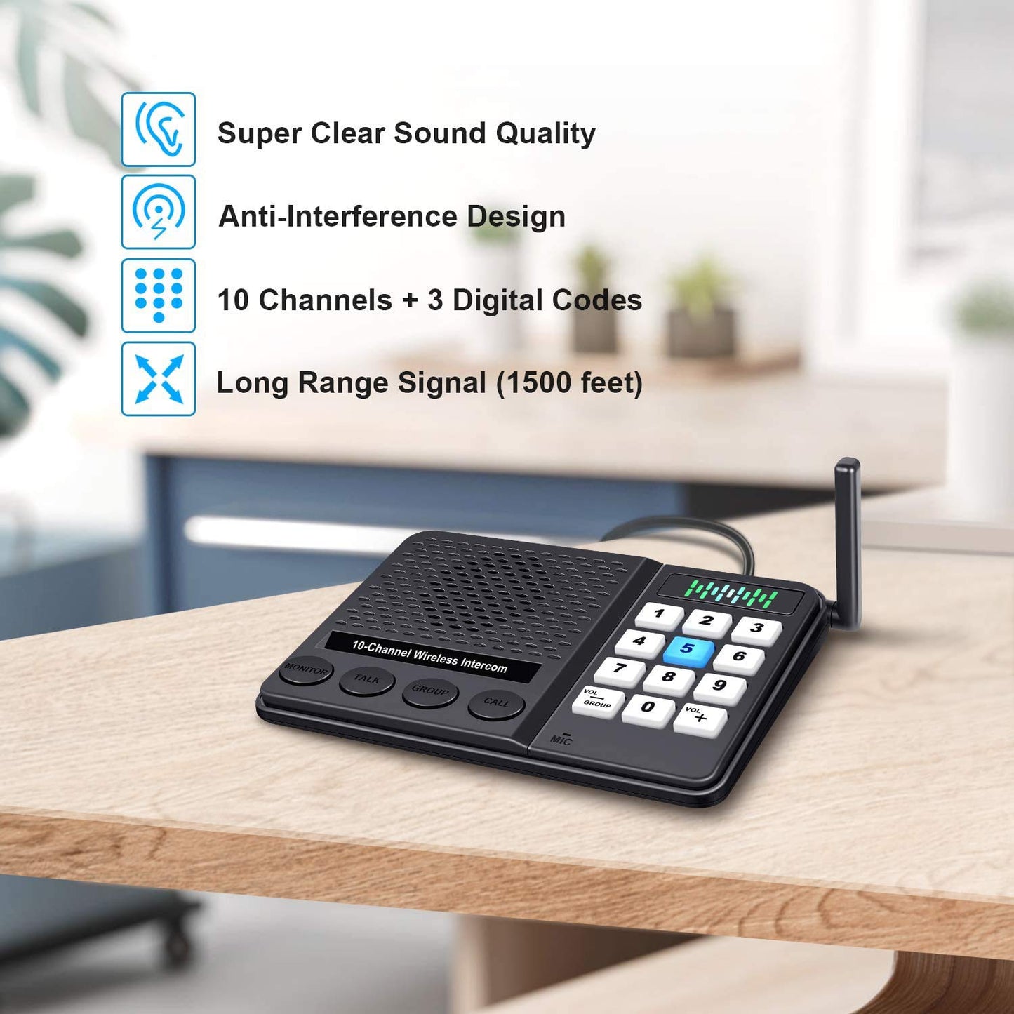 Intercoms Wireless for Home - 10 Channel 3 Privacy Code Wireless Intercom System for Home House Business Office - GLCONN 1.1 Mile Range Room to Room Intercom Communication System - 2 Pack