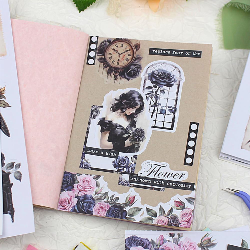 Dwpetzo Scrapbook Stickers for Journaling Adults, Pre-Cut Transparent Stickers, Scrapbooking Materials, Waterproof Sticker Book for Junk Journals, Scrapbook Supplies