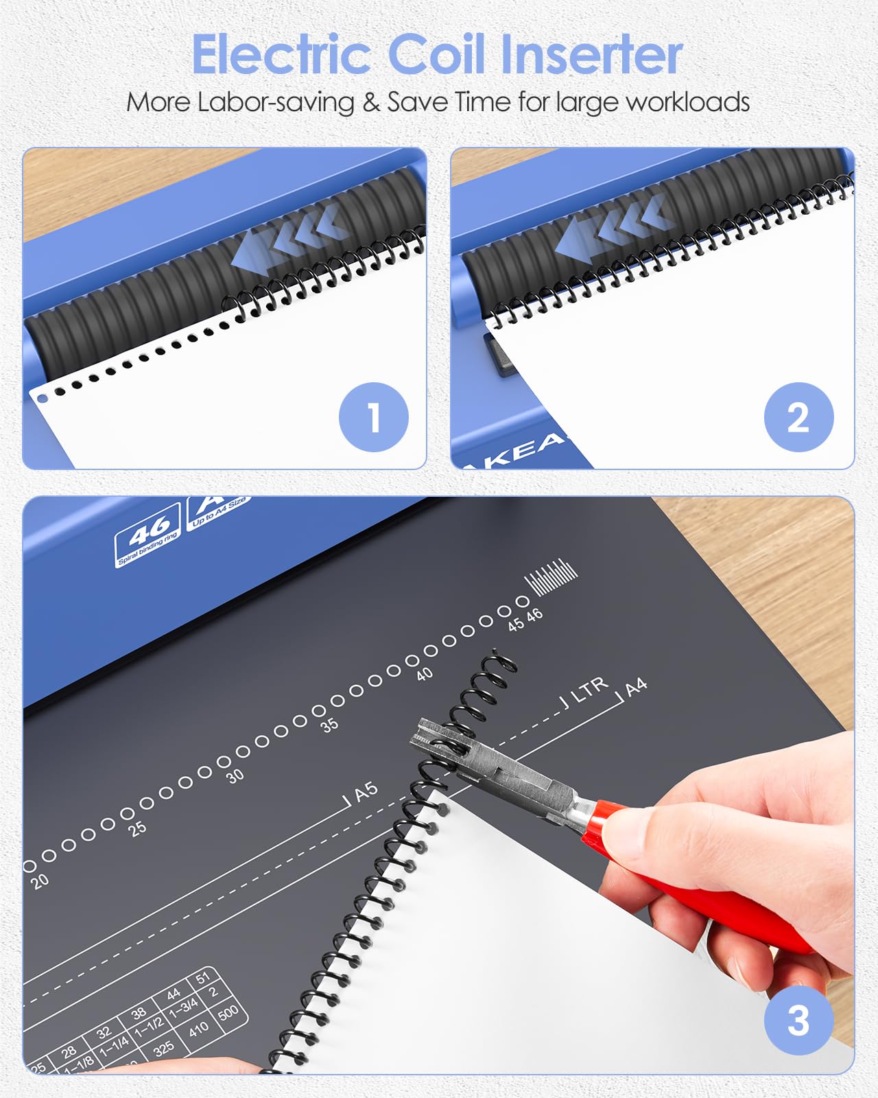 MAKEASY Spiral Binding Machine, 4:1 Pitch, 12 Sheets Punch Capacity, Electric Coil Insert, Book Binder Machine for A4/A5/Letter Size Paper, Comes with 100 pcs 5/16'' Coils & Pliers