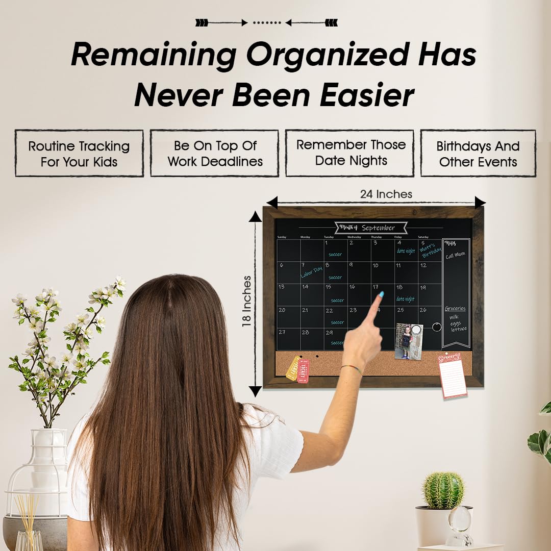 Loddie Doddie Chalkboard Calendar & Bulletin Board - 18 x 24 in, Rustic - Easy-Clean Calendar Chalkboard for Wall - Menu Sign for Meal Planning - Magnet Display for Photos & Souvenirs