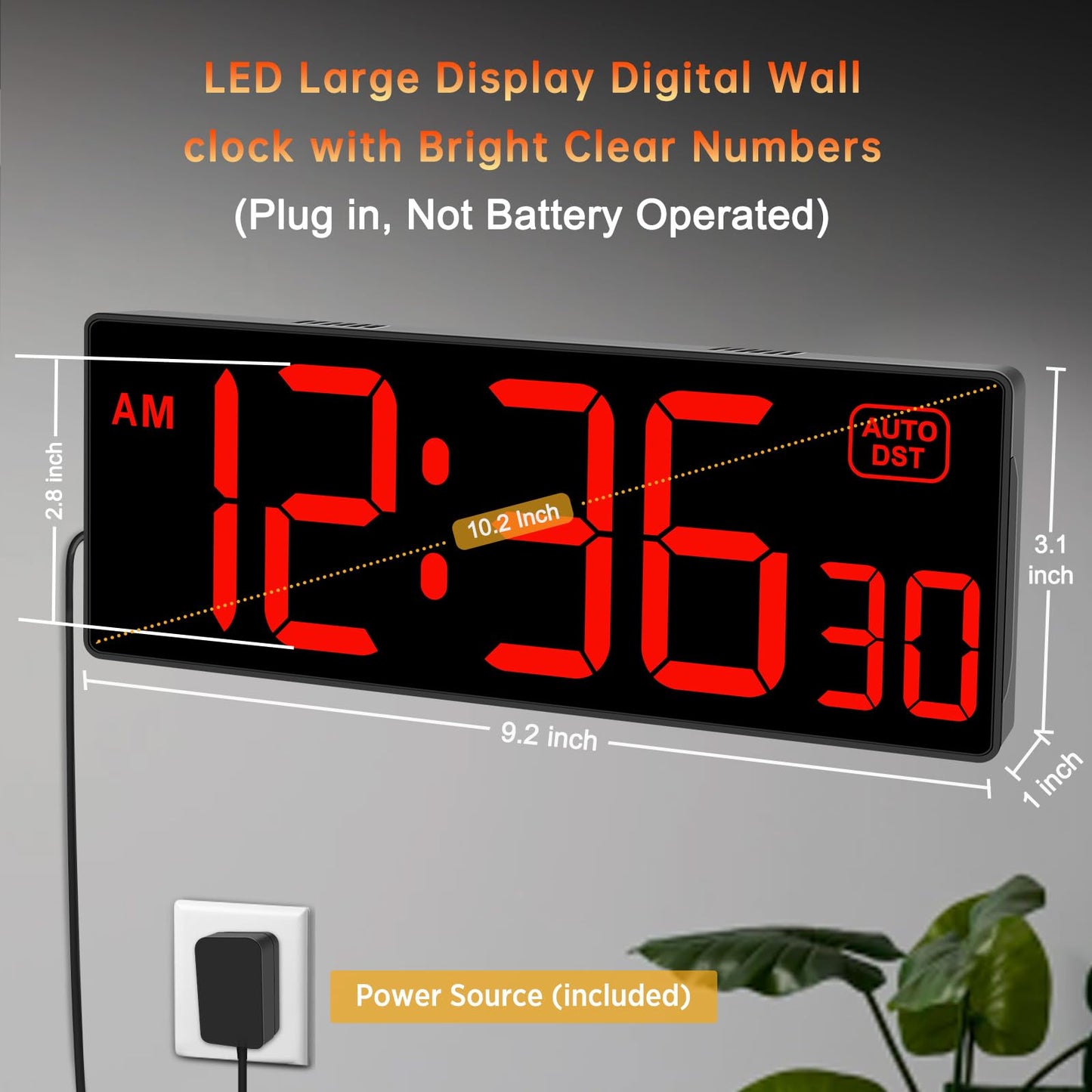 Soobest Digital Wall Clock with Seconds for Gym, Remote Countdown Timer Large LED Display 5 Dimmer (10.2" Red)