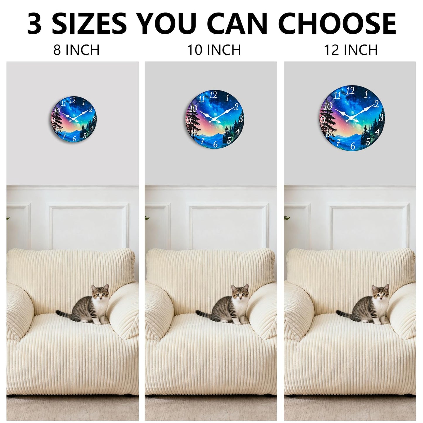 TGHHPC 12 Inch Wall Clocks Battery Operated - Premium Glass Silent Wall Clock, Unique Aurora Non Ticking Decorative Analog Clock for Bedroom Living Room Office Kitchen Gym Hotel Classroom Farmhouse