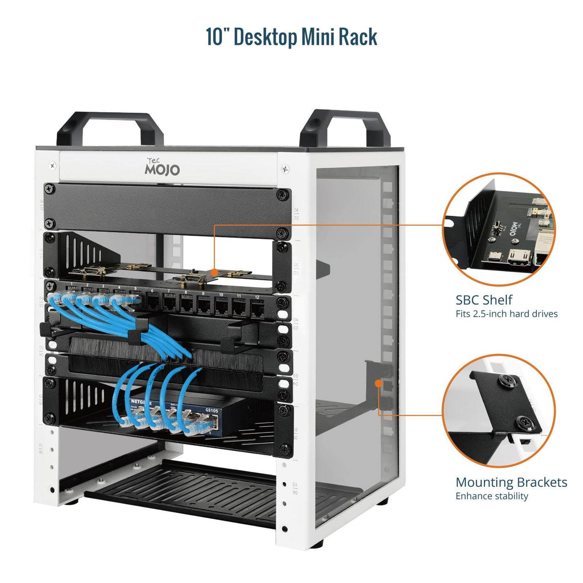 Tecmojo 6U Network Rack, 10 inch Mini Server Rack with 2 Side Translucent Panels & 2 Top Handles, 7.87 inch Deep, for 10 inch IT Equipment & A/V Devices, White