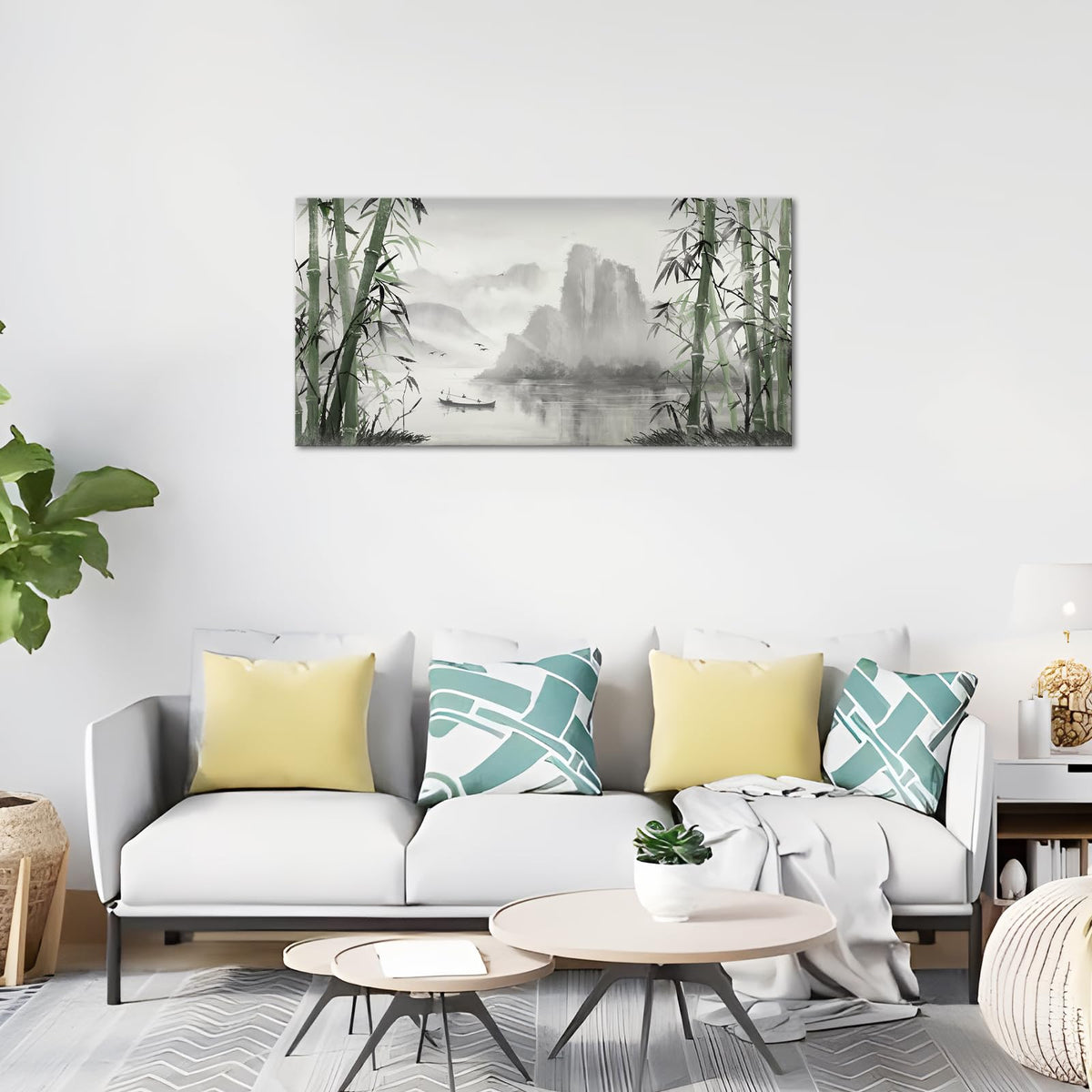 Biuteawal Black and White Nature Landscape Wall Art Green Bamboo Picture Canvas Artwork Chinese Style Shanshui Painting Home Office Decor Framed