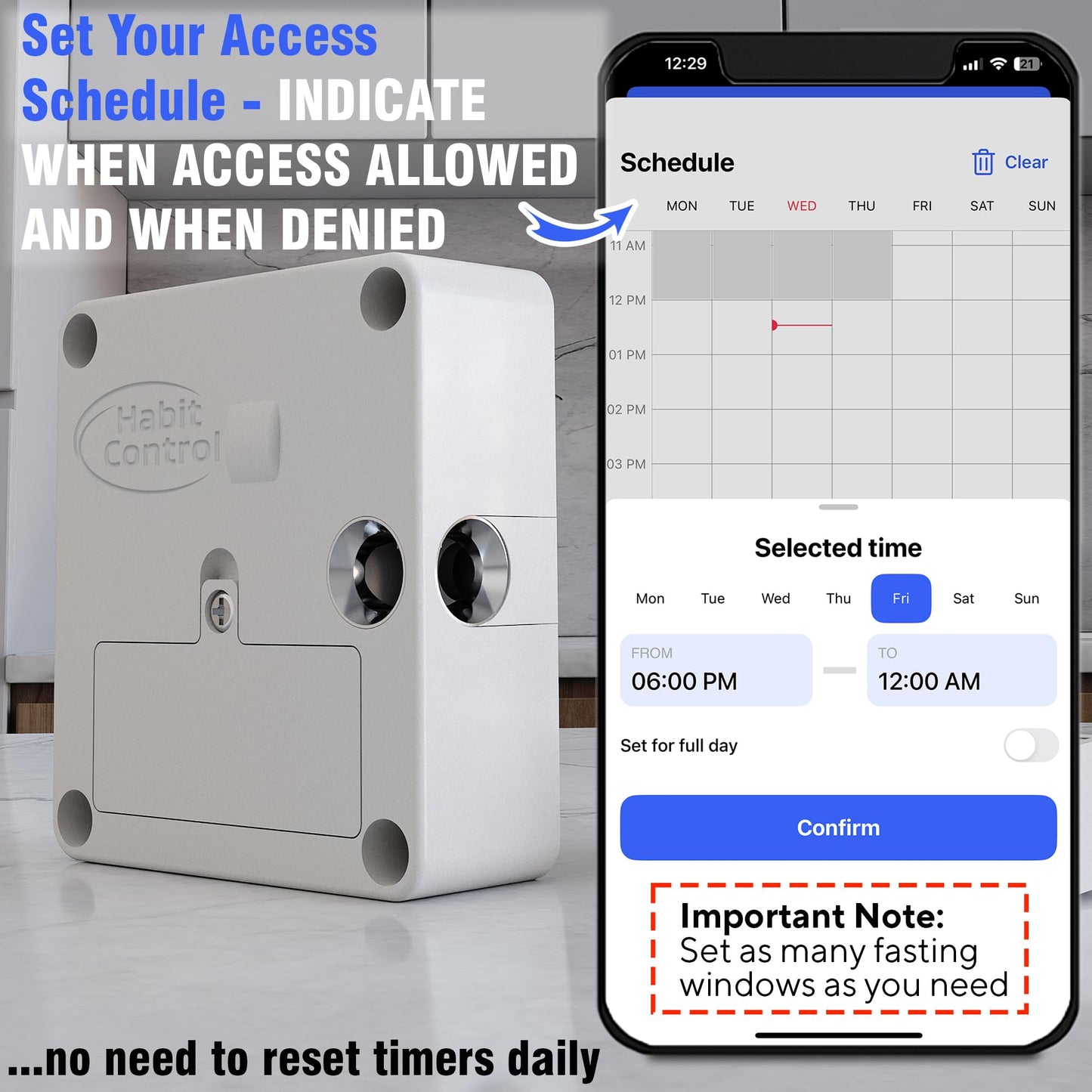 Habit Control Smart Lock - App-Controlled Access for Snacks, Food & Alcohol - 3-in-1 Modes: Timer, Schedule & Simple Lock - for Refrigerators, Cabinets, Drawers, Cupboards - Support Better Habits
