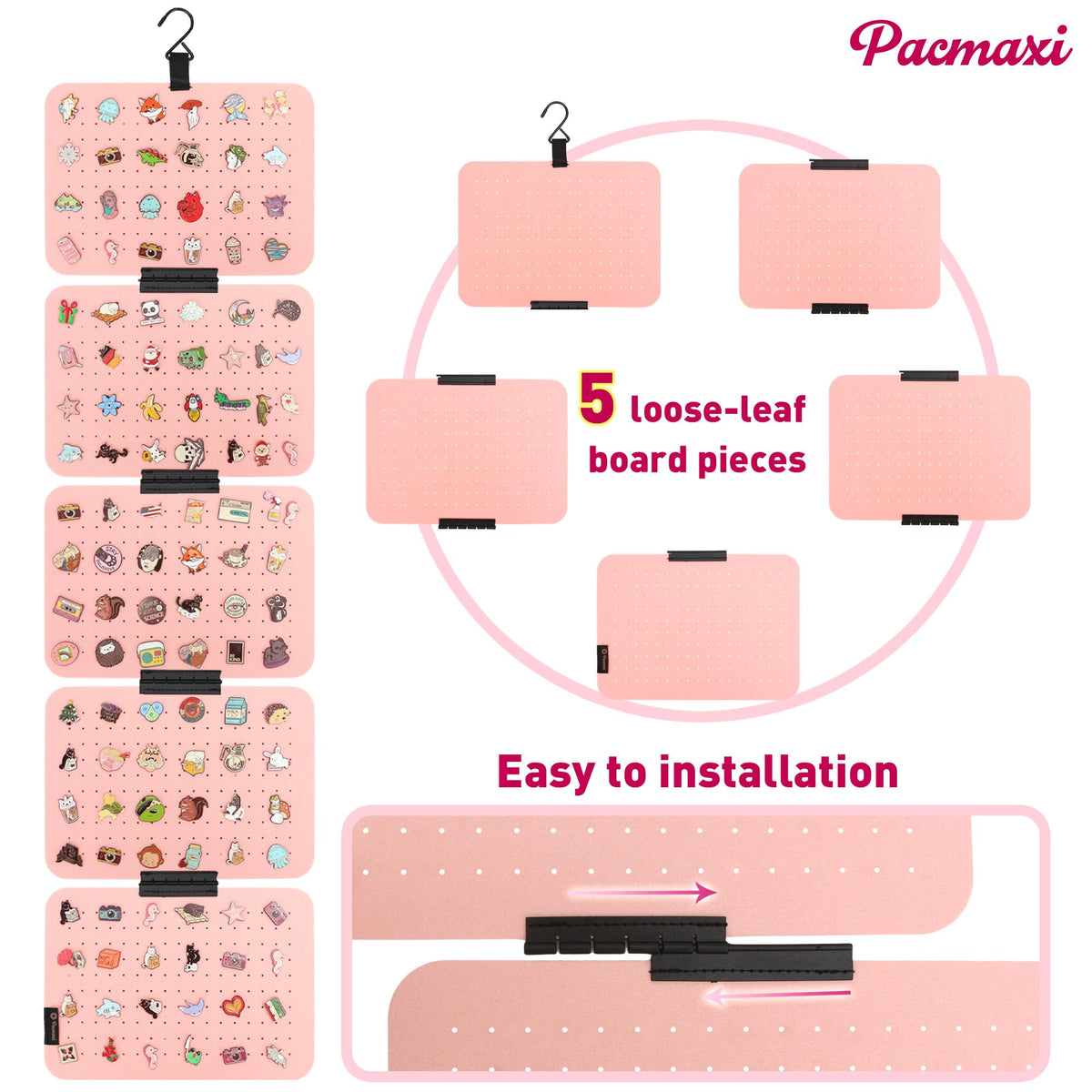 PACMAXI Hanging Enamel Lapel Pin Display Panels Organizer With 5 Loose-leaf Board Pieces, Brooch Pin Enamel Pin Display Pages, Badge Collection Display Holder Holds At Least 120 Pins. (Pink)