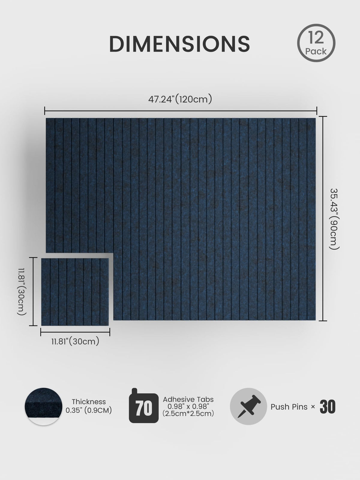 Bumusty Large Cork Board Alternative-48 x 36" Felt Bulletin Board Tiles, with 30 Pushpins, 70 Adhesive Tabs, Fine-Stripe 12-Pack, Cork Boards for Office Push Pin Board Felt Board-Carbon Blue