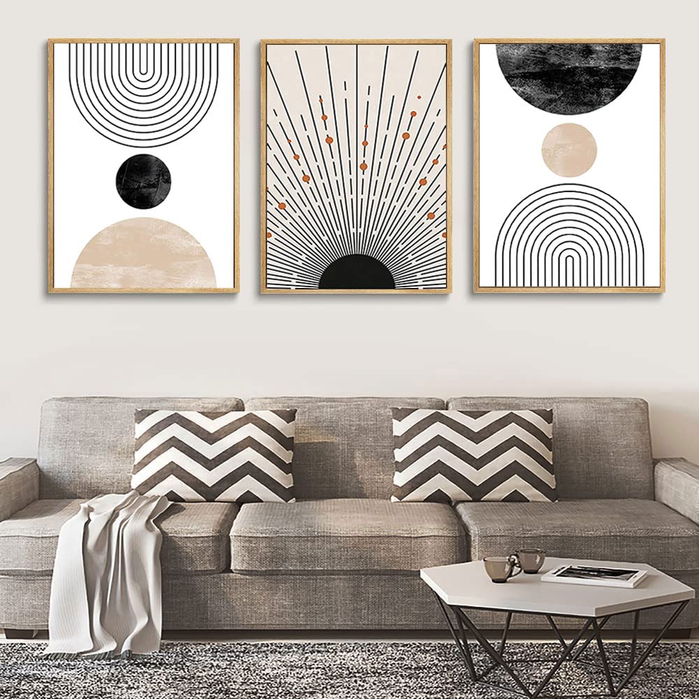 LOARTVE 3Pcs Beige Boho Wall Art Mid Century Modern Wall Decor Pictures Neutral Abstract Geometric Line Minimalist Canvas Posters Prints for Living Room Bedroom Office Home Decoration Unframed