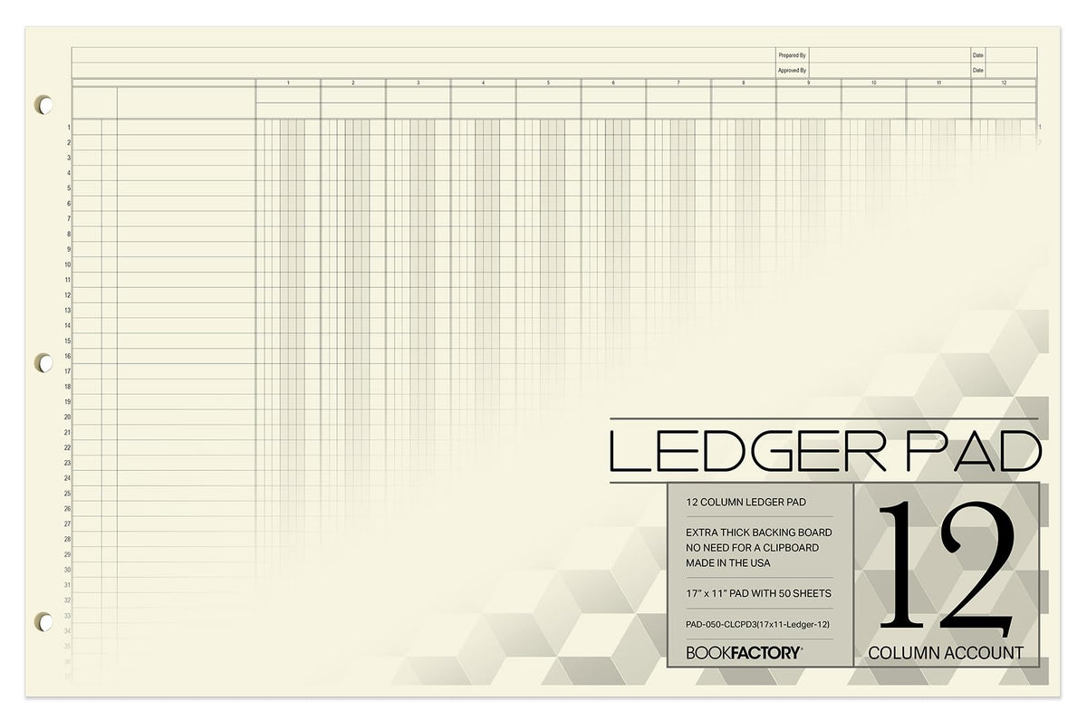 BookFactory Ledger Pad/Large 12 Column Accounting Ledger Columnar (Twelve Columns) Pads - 17'' x 11'', 50 Pages, Notepad Landscape Format (Made in USA)