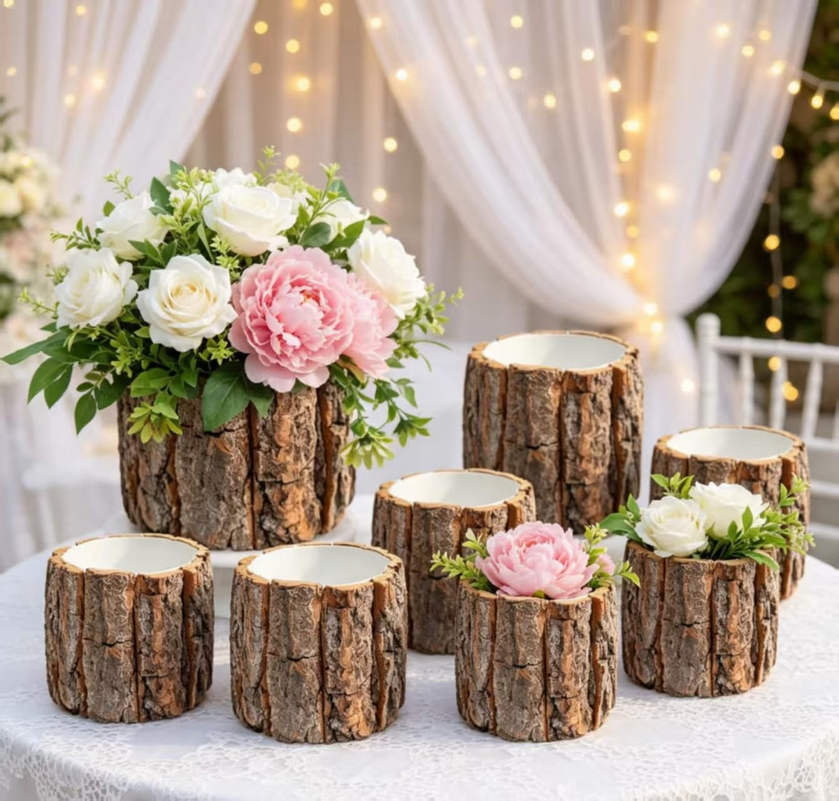 12 Set 3.5in Wooden Vases for Centerpieces, Wedding Flower Table Wood Vase Rustic Tree Stump Planter Pots with Foam Blocks for Woodland Party Home Farmhouse Table Decor (12 Set with Flower Foam)