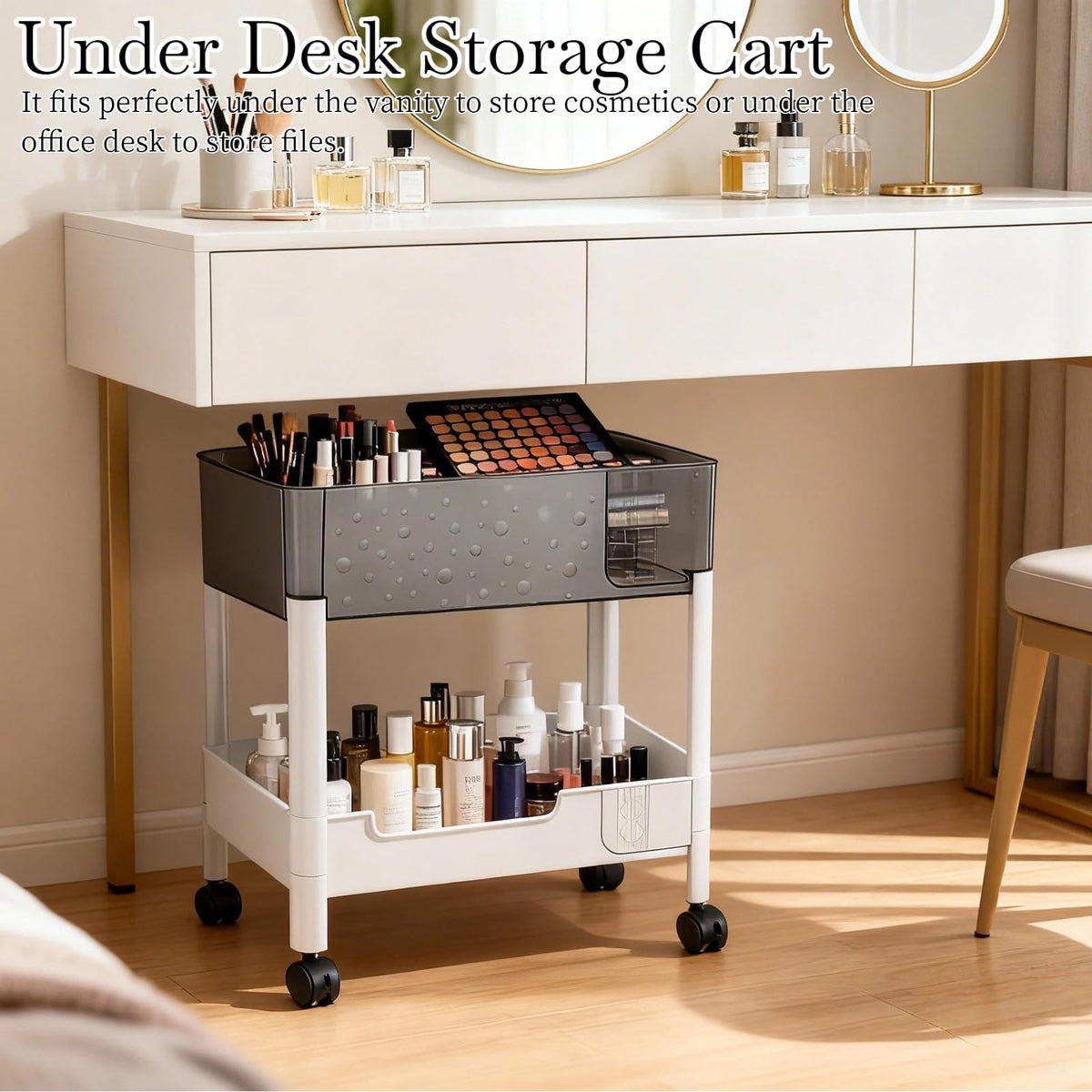 2 Tier Rolling Cart with Wheels for Under Desk Storage, Heavy Duty Plastic Short Small Utility Cart for Small Space Bathroom Vanity Makeup Organizer Pantry, 4.7'' Deep Baskets for Tall Bottles