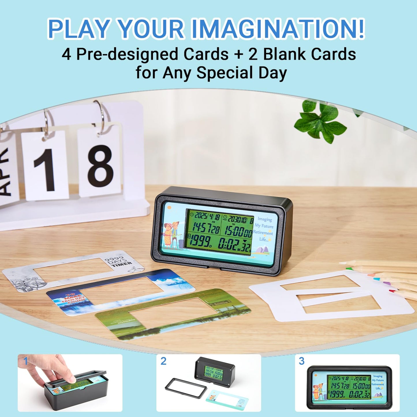 AIMILAR 1999 Days Countdown Timer - Digital Countdown Clock for Retirement & Events with Backlight, Alarm Functuon, Dual Time Display, Customizable Cards