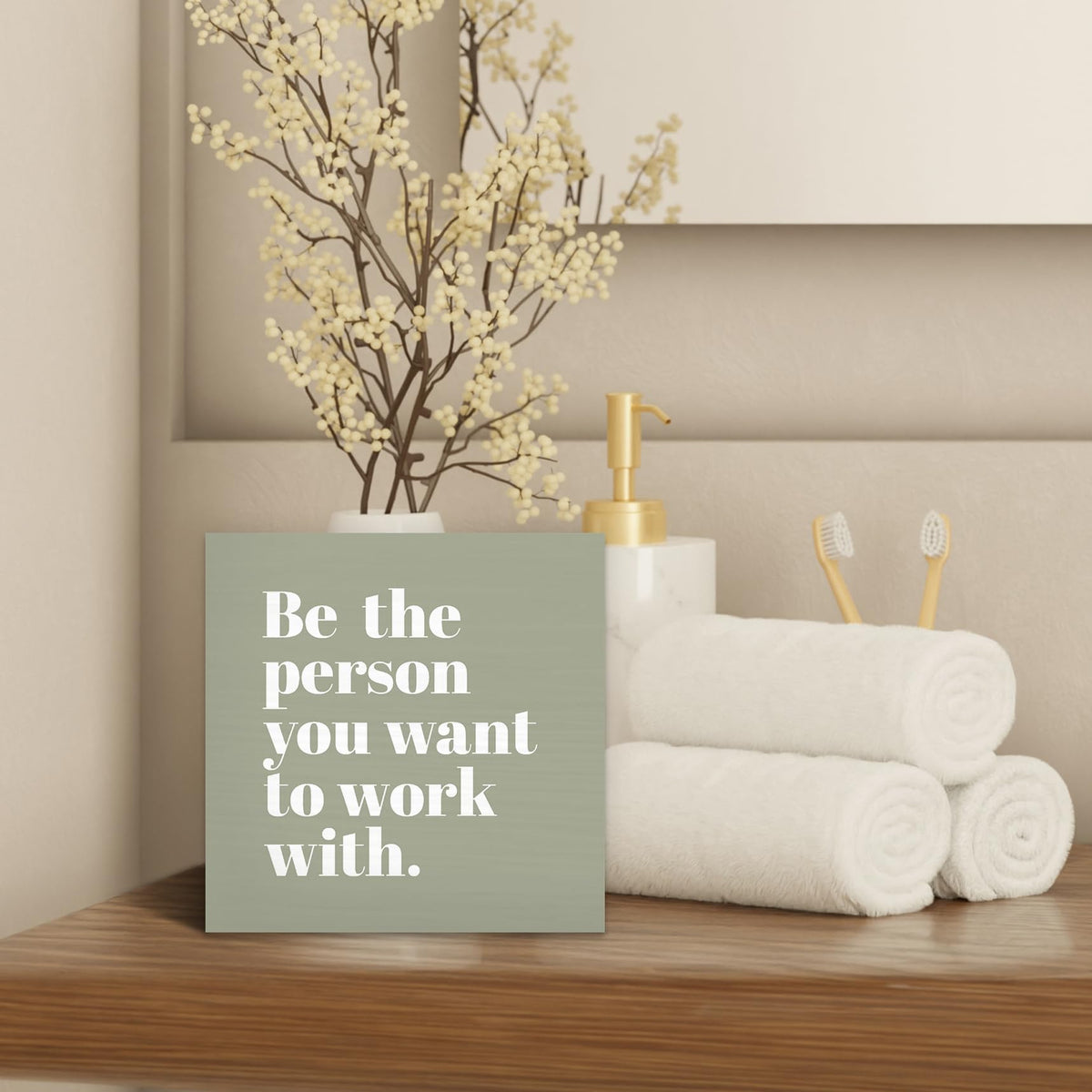 Luipk Be The Person You Want to Work With Inspirational Wood Box Sign Desk Decor 5X5, Teamwork Motivational Green Wooden Block Sign Decorations for Home Office Workplace Wall Tabletop Shelf