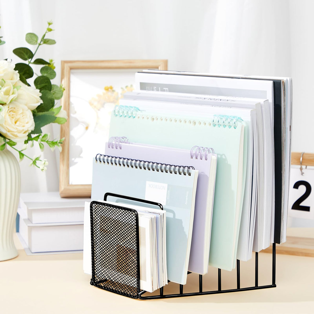 Chivertion 2 Pcs 7 Section Wire File Organizer for Desk, Metal Mesh Incline File Holder, Letter & Magazine Folder Rack, Desktop Paper Sorter for Home Office School (Black)