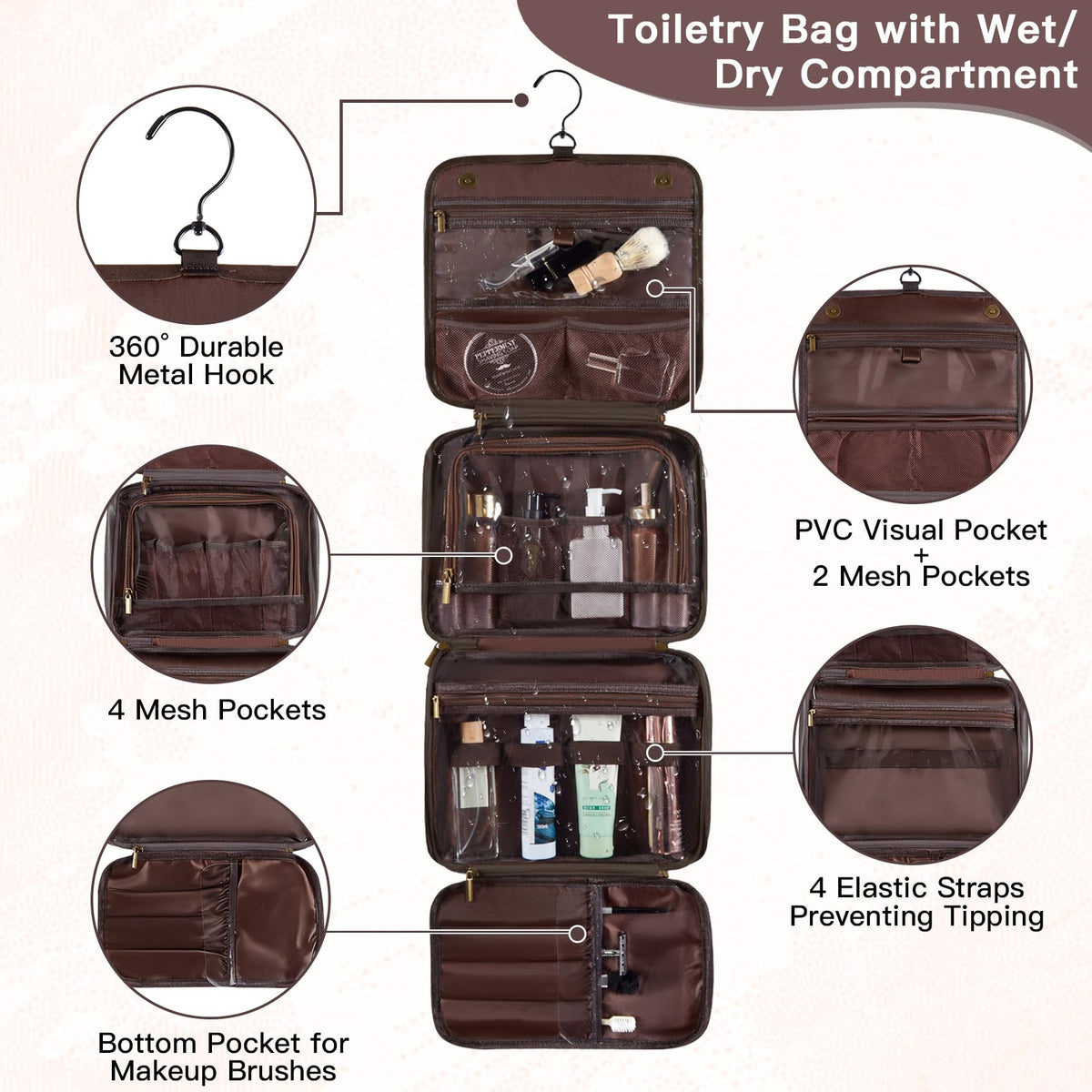 Aganmi Personalized Hanging Toiletry Bag Travel Gifts for Men Him, 3-in-1 Large Laser-Engraved Initial Waterproof PU Leather Shaving Bag Valentines Birthday Gift for Men Dad Husband Dark Brown M