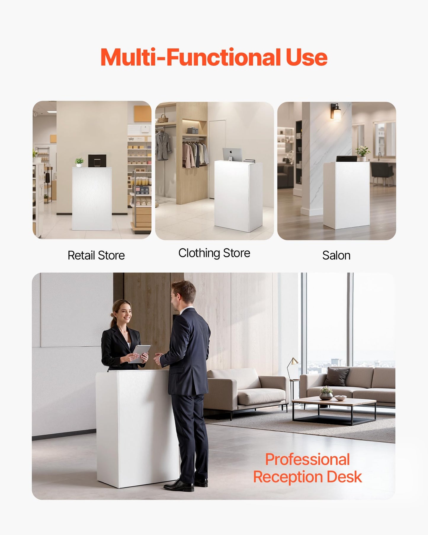 VEVOR Reception Desk, 23.6 inch Rectangular Front Counter Table, Modern Office Reception Desk with Drawer, Small Minimalist Retail Counter Table for Checkout, Lobby, Beauty Salon and Office, White