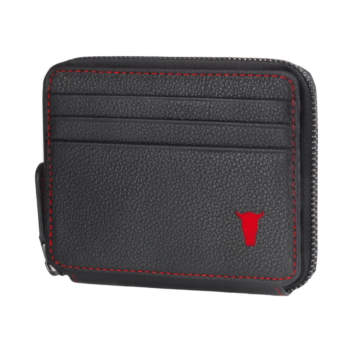 TORRO Leather Card Holder with Coin Case – RFID Blocking Premium Leather Credit Cardholder with Zipped Coin Pouch (Black with Red Detail)