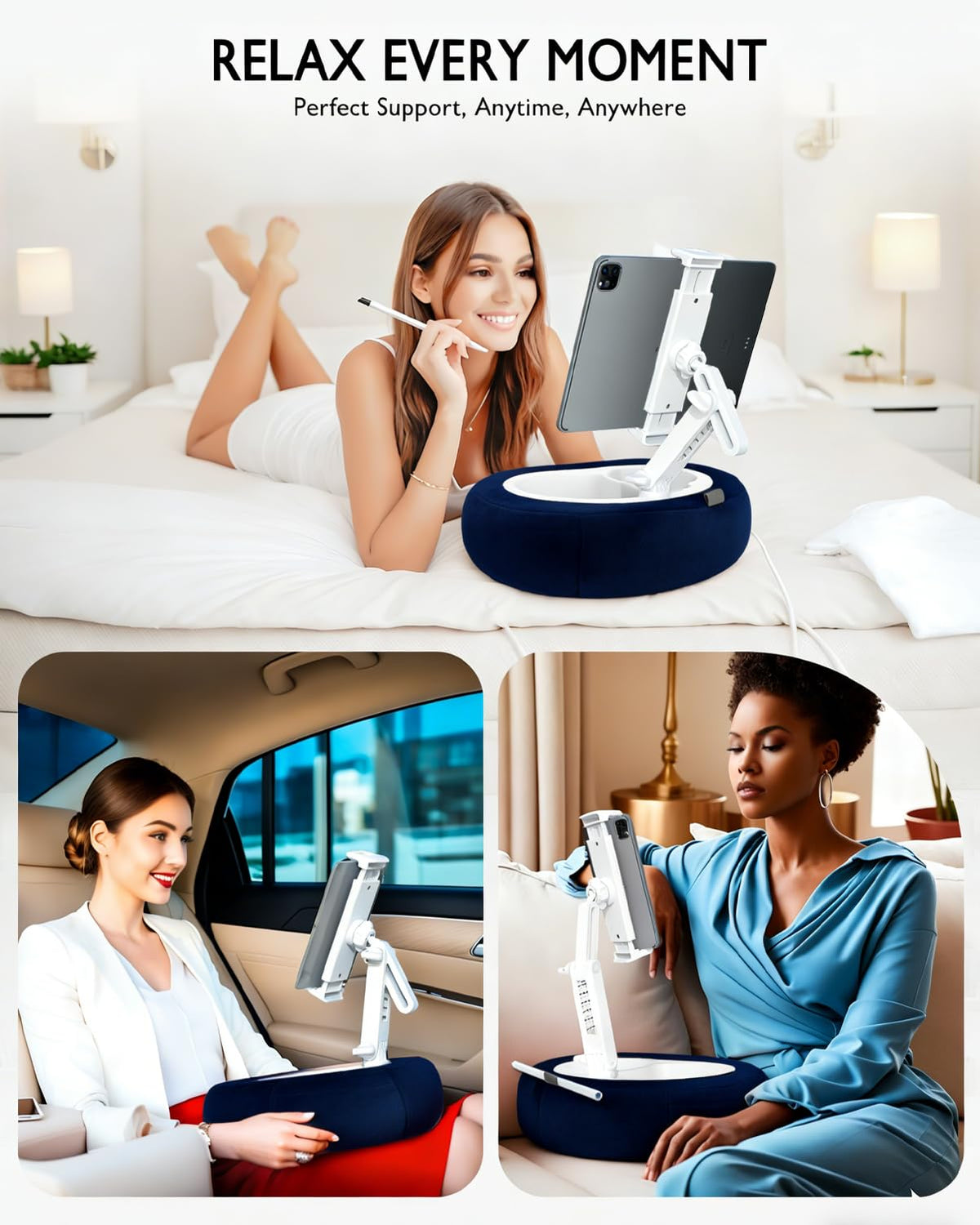 Miledi Tablet Pillow Stand, Compatible with 4.7"-12.9" Kindle, iPad, Phone/Tablet, 360° Rotating Phone Holder for Bed, Detachable Bowl, Reading and Relaxation on Bed (Blue)