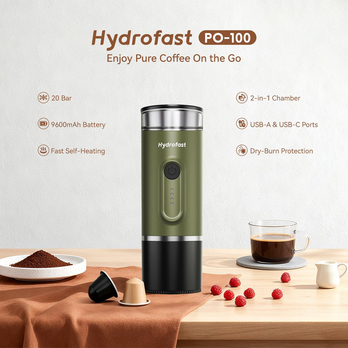 Hydrofast Portable Electric Espresso Machine, Self-Heating Travel Coffee Maker with 7800mAh Battery, USB-C Rechargeable, Compatible with Ground Coffee & Capsules, Maker for Camping, Office, Car
