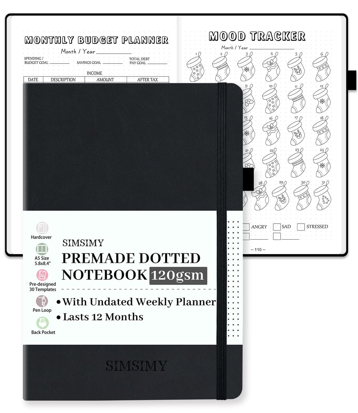 SIMSIMY Premade Dotted Journal Notebook with Bullet Templates, Pre-made Dot Grid Journaling with Undated Weekly & Monthly Planner, Various Trackers, Lasts 1 Year, A5