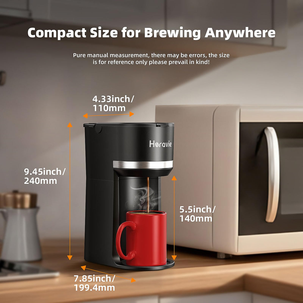 Horavie Small Single Serve Coffee Maker for K Cup and Grounds, Fast Brew One Cup Coffee Machine with One Button, 6 to 12 oz. Brew Sizes, Perfect for Home and Travel, Black