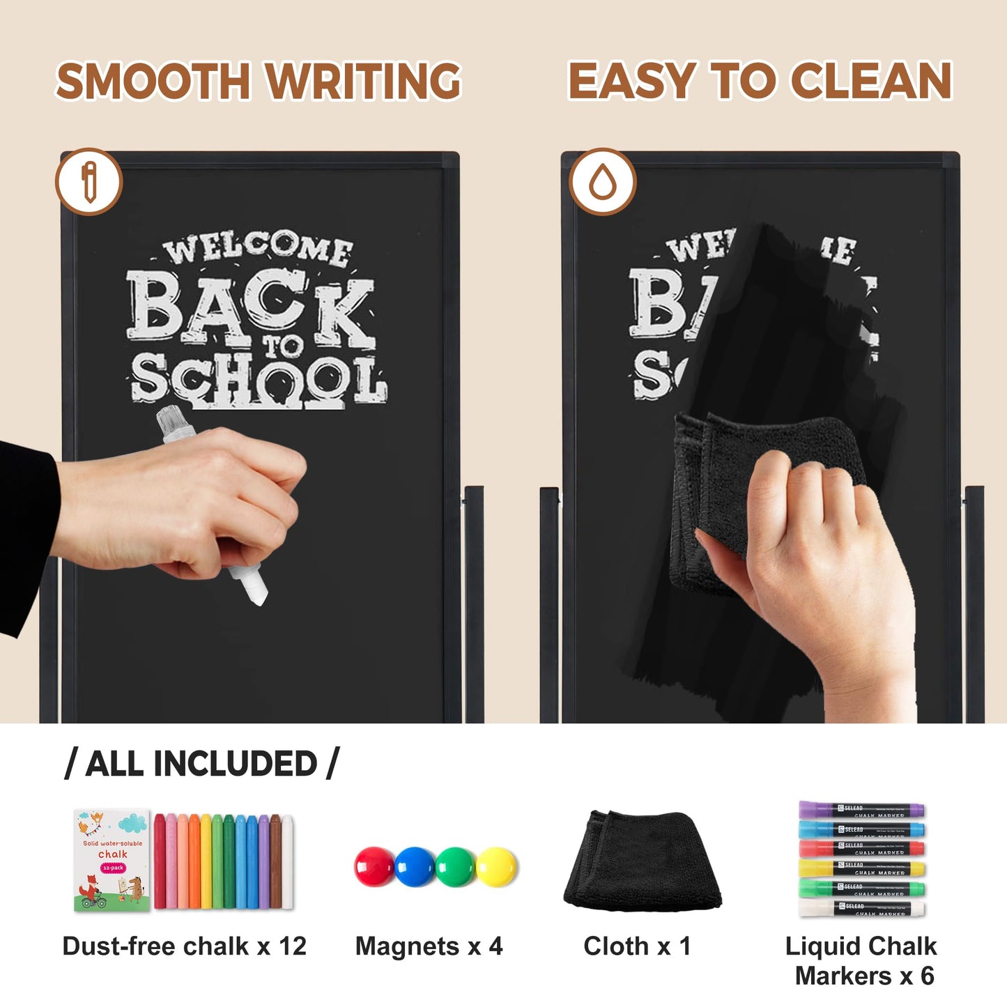 SELEAD 20”x45” Magnetic Aluminum Frame Chalkboard with Metal Floor Stand - 360° Reversible Double-Sided Chalk Board Heavy-Duty Indoor Outdoor Sign Board for Menu, Business, Cafe, Home Office