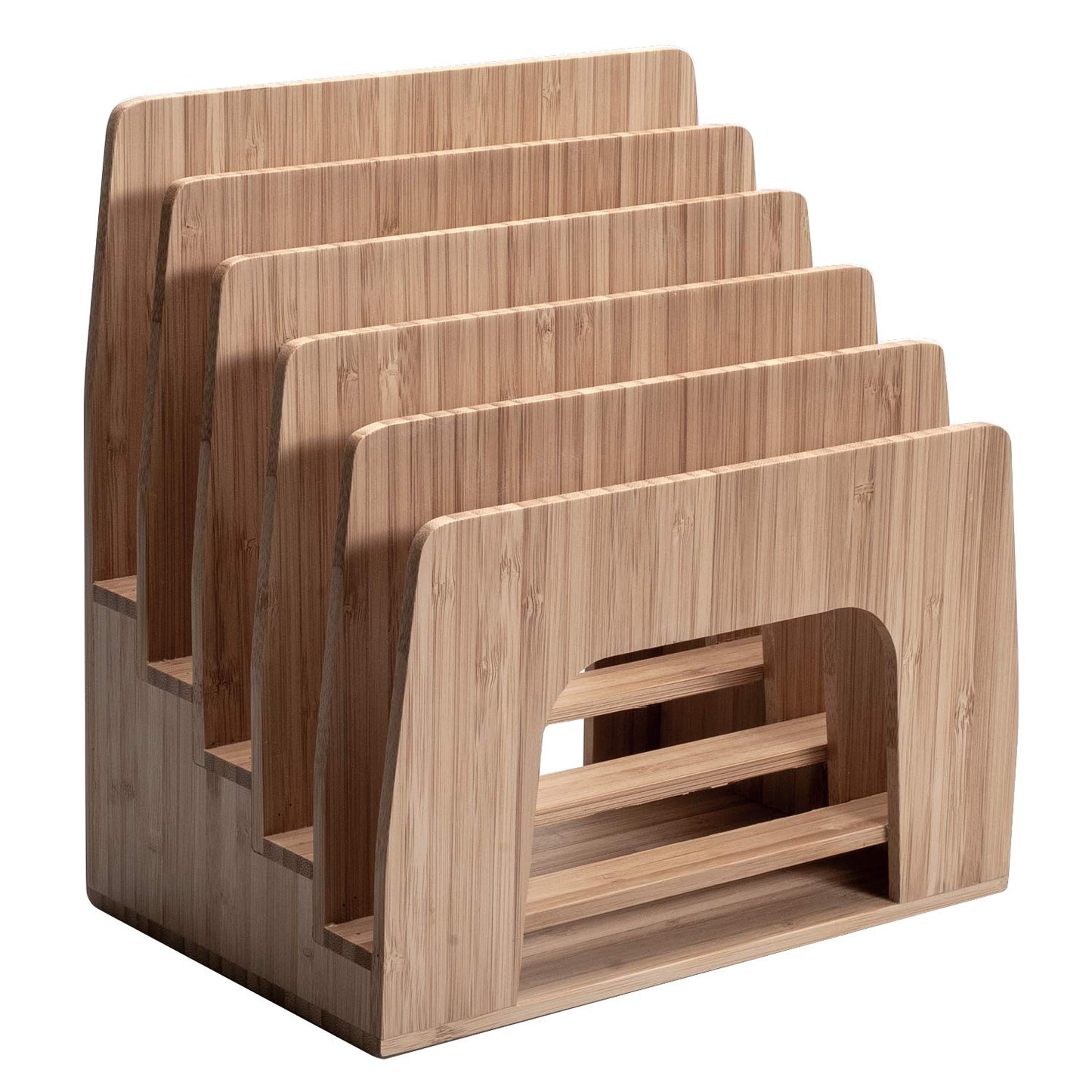 MobileVision Bamboo Desktop Inclined File Folder Organizer and Paper Tray, Upright Sections, Step Sorter, 5 Slots